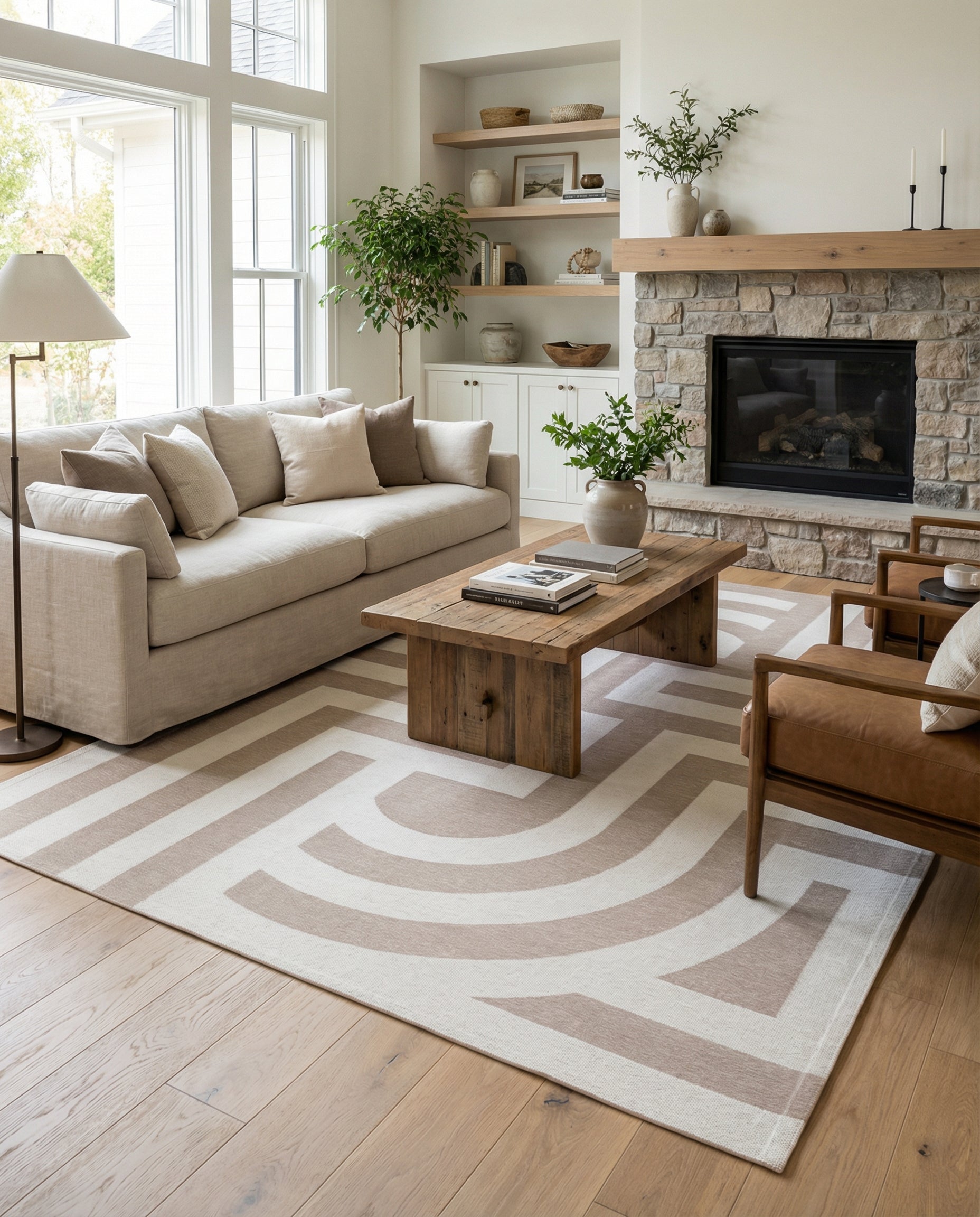 Tapis rectangulaire beige et blanc, motif géométrique. Il illumine la pièce et adoucit l'ambiance