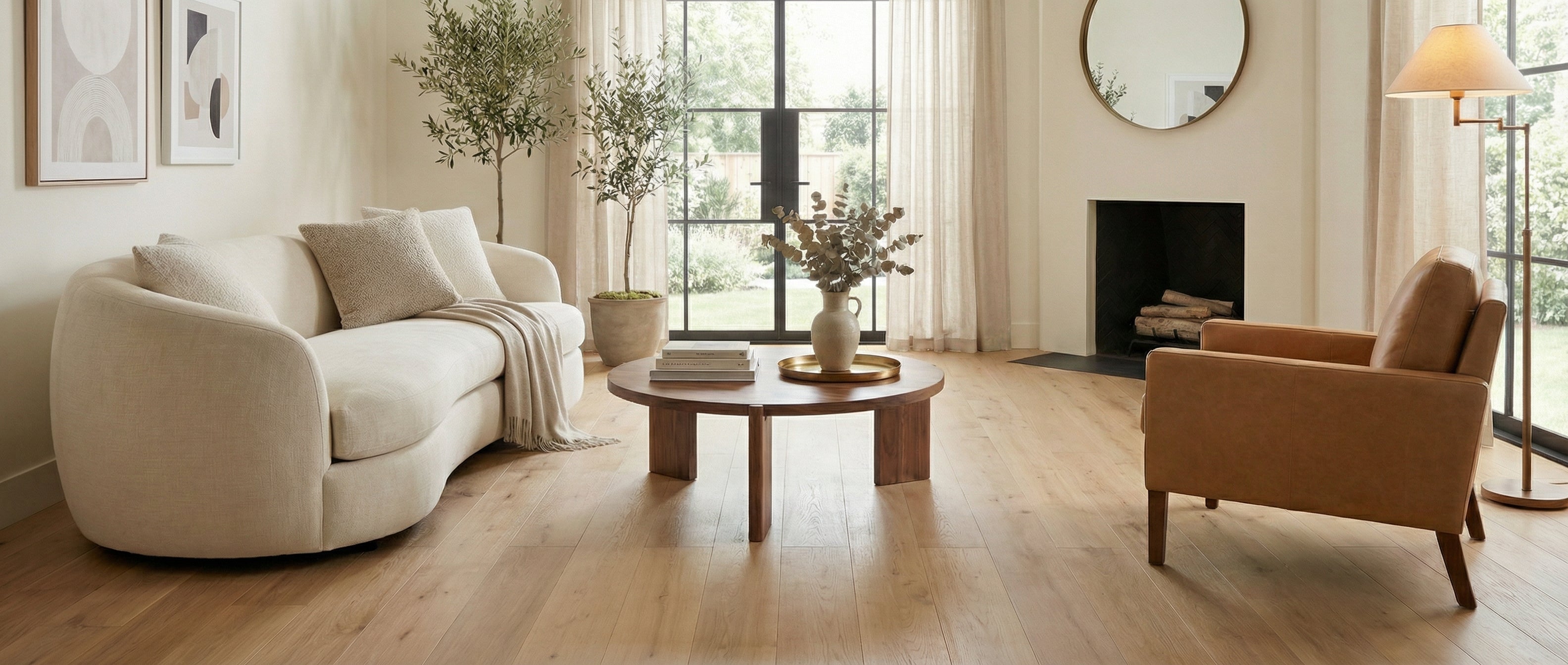 Pièce lumineuse, parquet clair. Canapé beige, fauteuil cuir. Table ronde en bois. Cheminée, miroir. Espace vide pour un