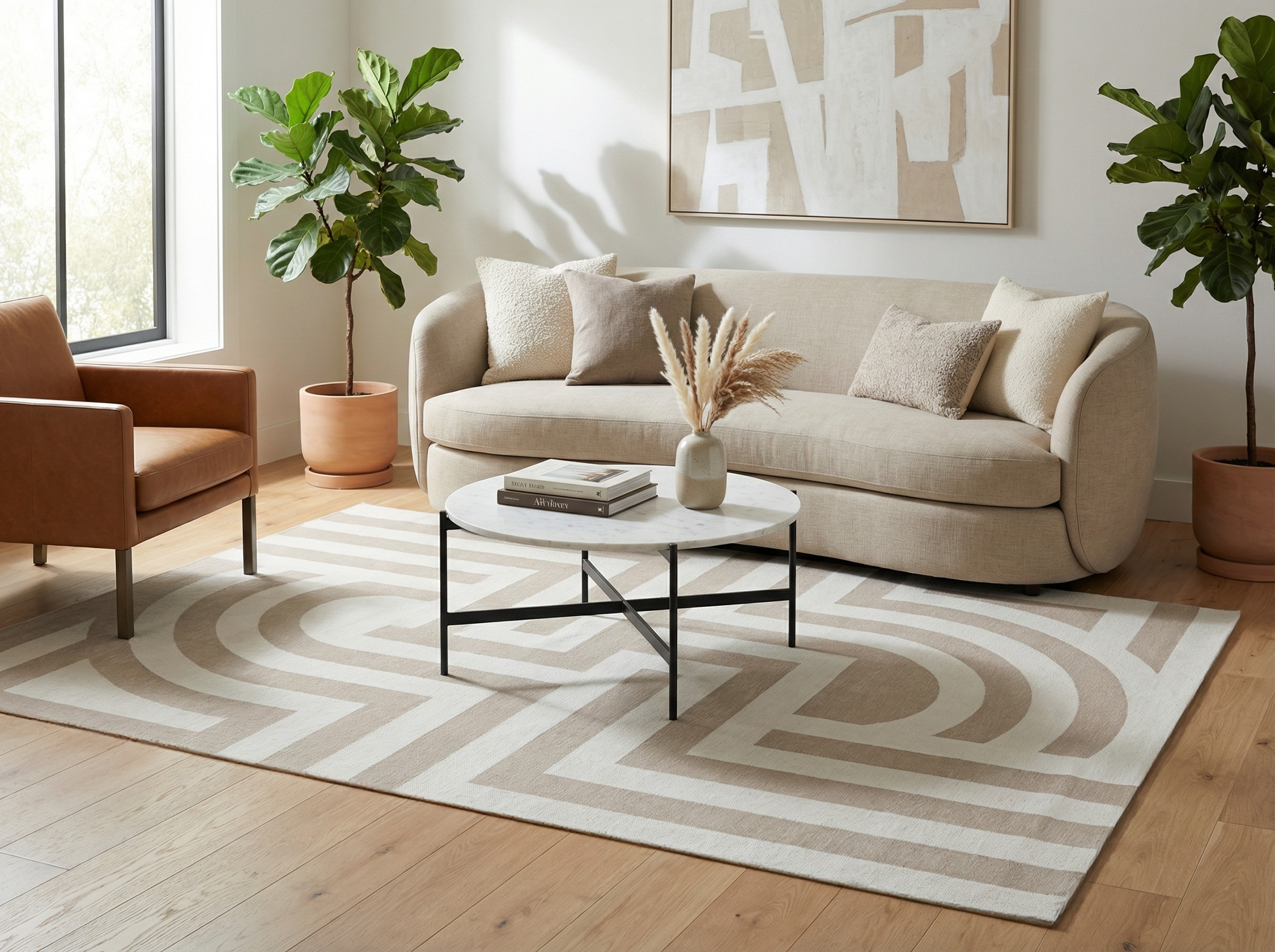 Tapis rectangulaire beige et blanc, motif géométrique. Ambiance chaleureuse dans un salon moderne