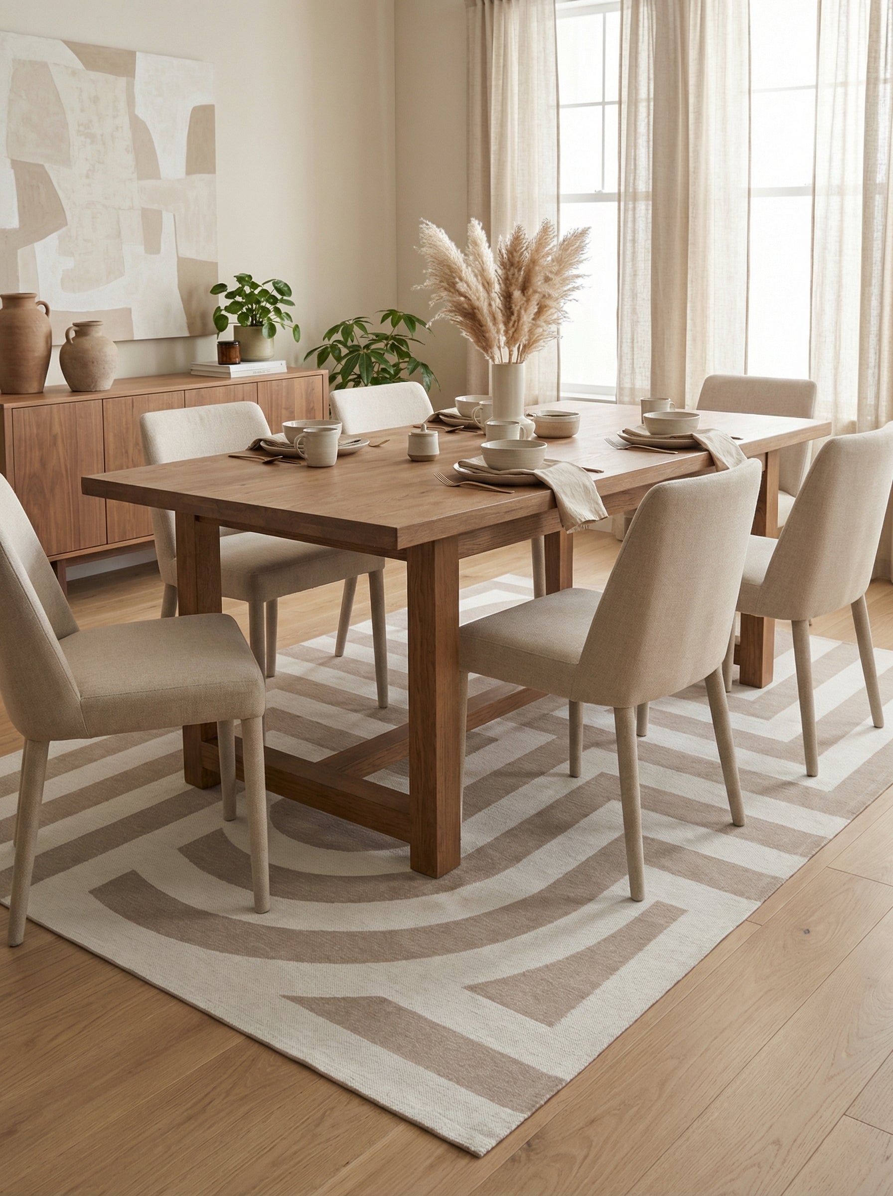 Tapis rectangulaire beige sous la table à manger, définissant l'espace repas. Ambiance conviviale