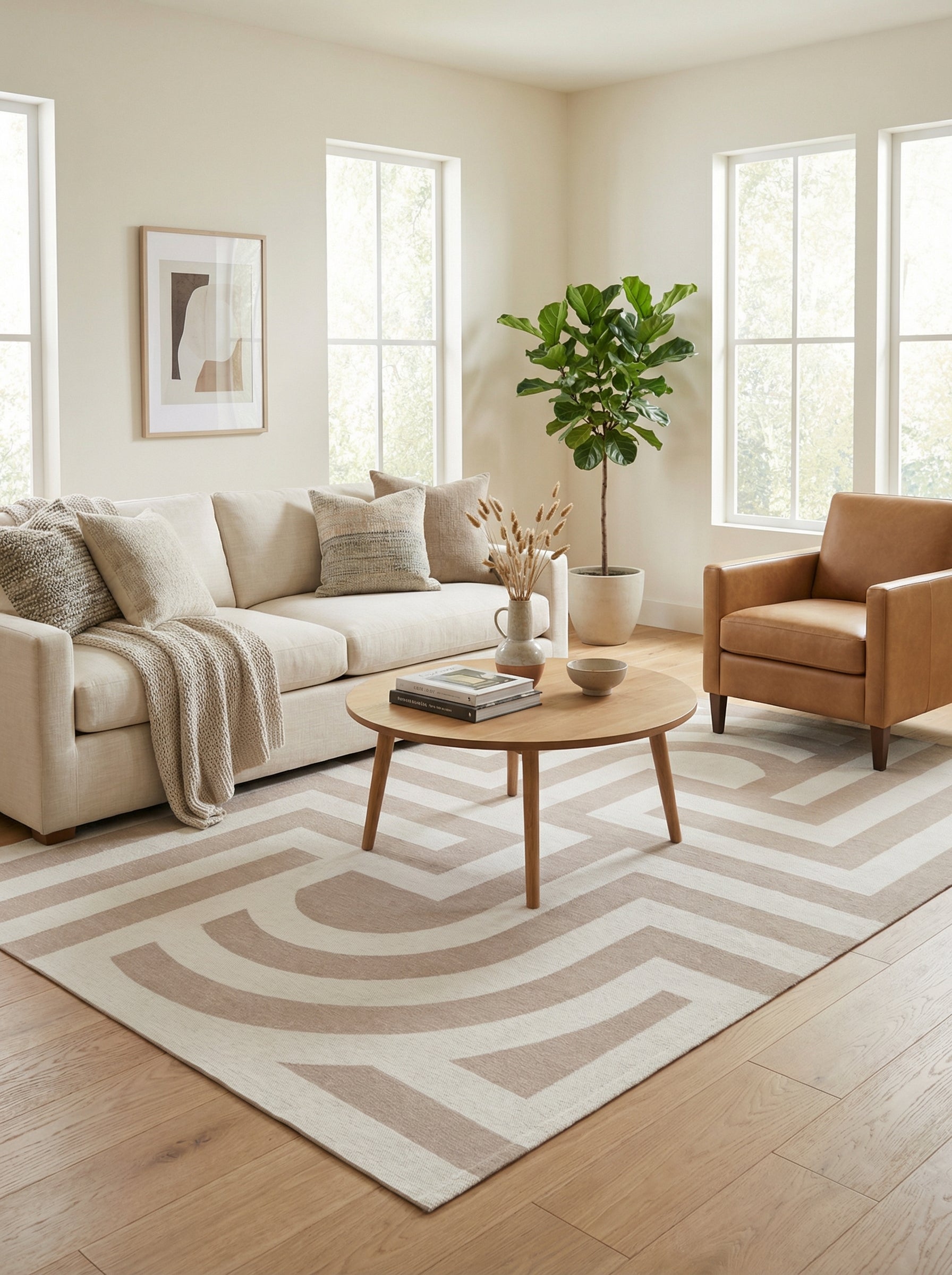 Tapis rectangulaire beige et blanc cassé. Crée une ambiance chaleureuse dans ce salon. Harmonie avec le décor clair