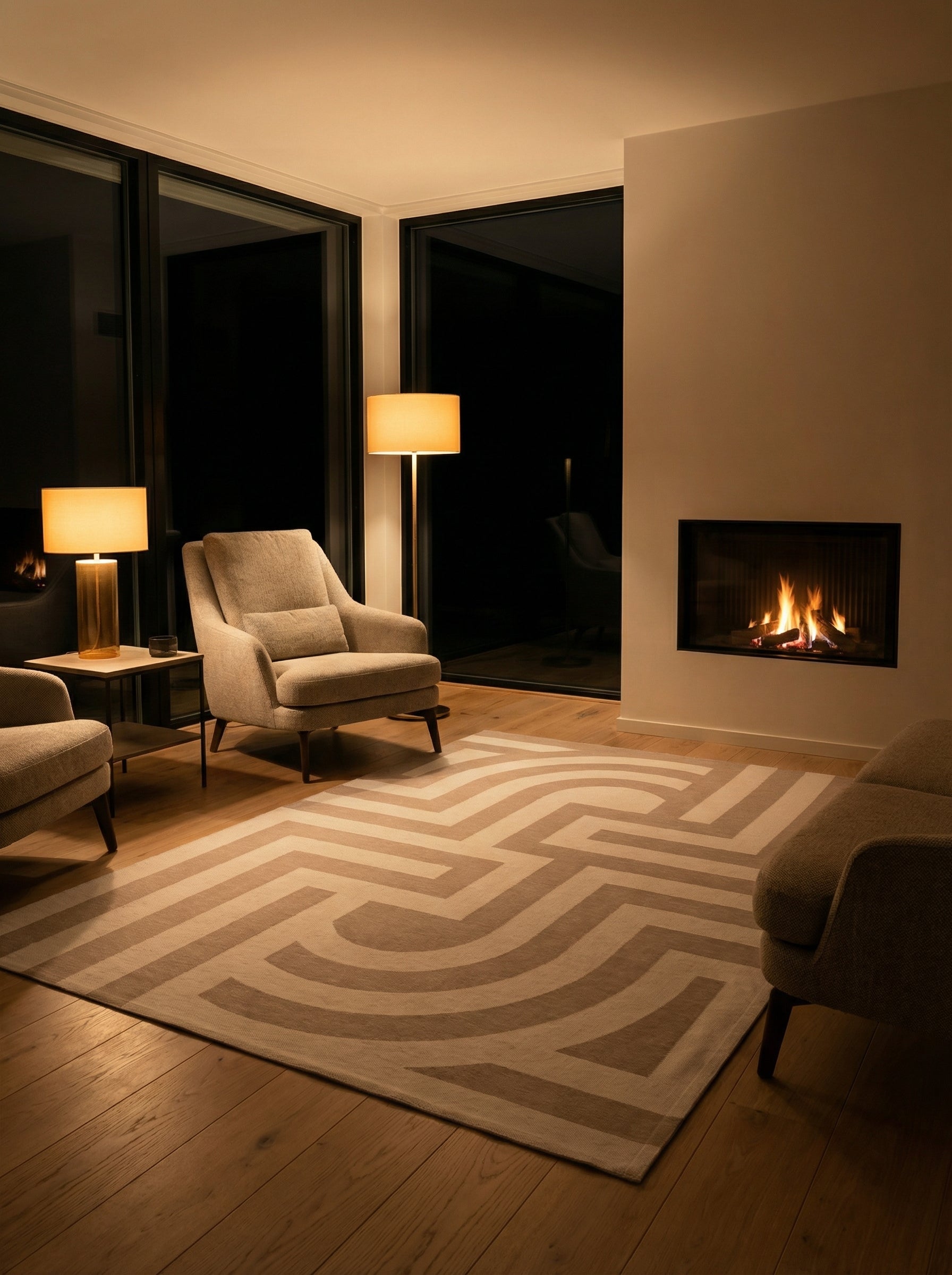 Tapis rectangulaire beige à motifs géométriques dans une pièce éclairée d'une lumière douce, créant une ambiance chaleureuse