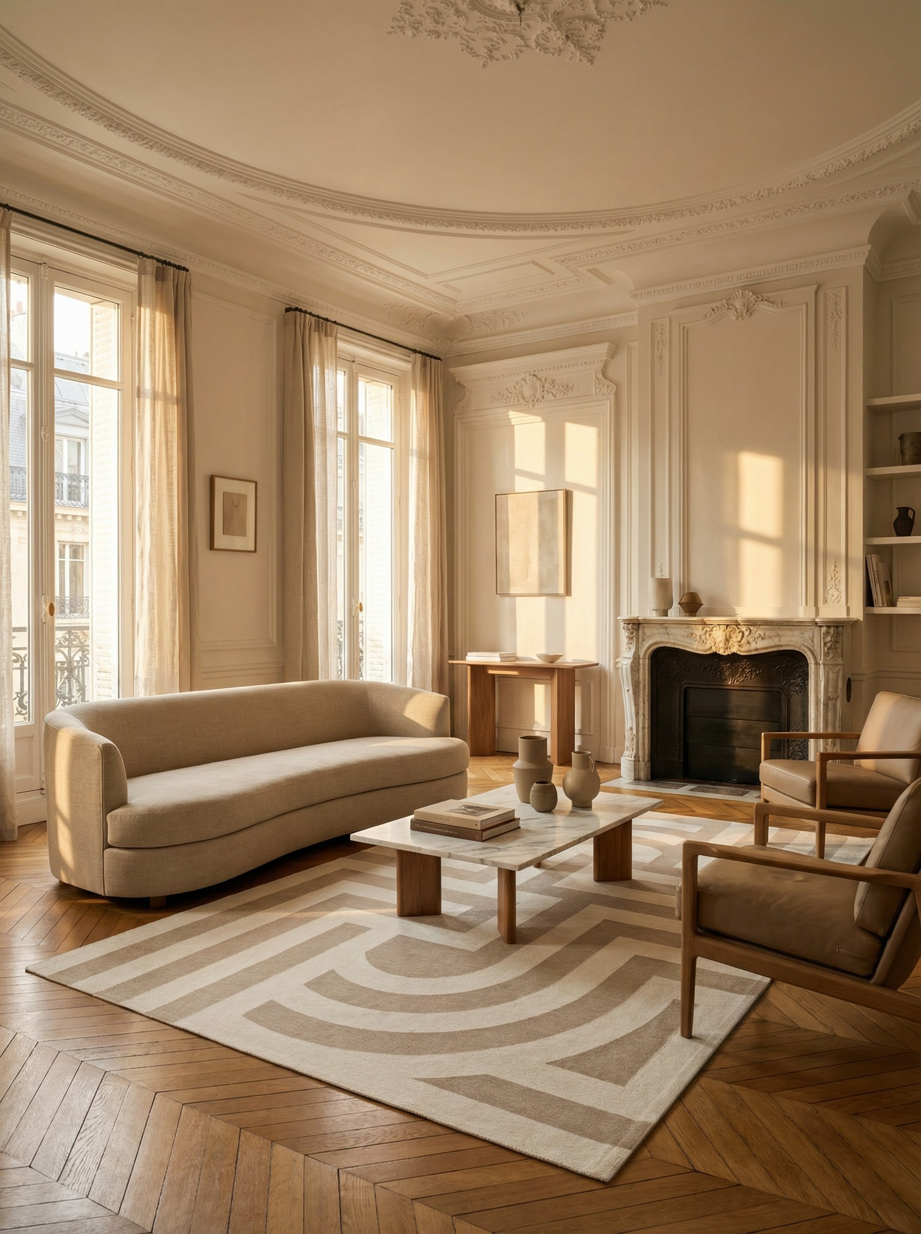 Tapis rectangulaire beige, motifs géométriques. Ambiance élégante et conviviale pour une soirée
