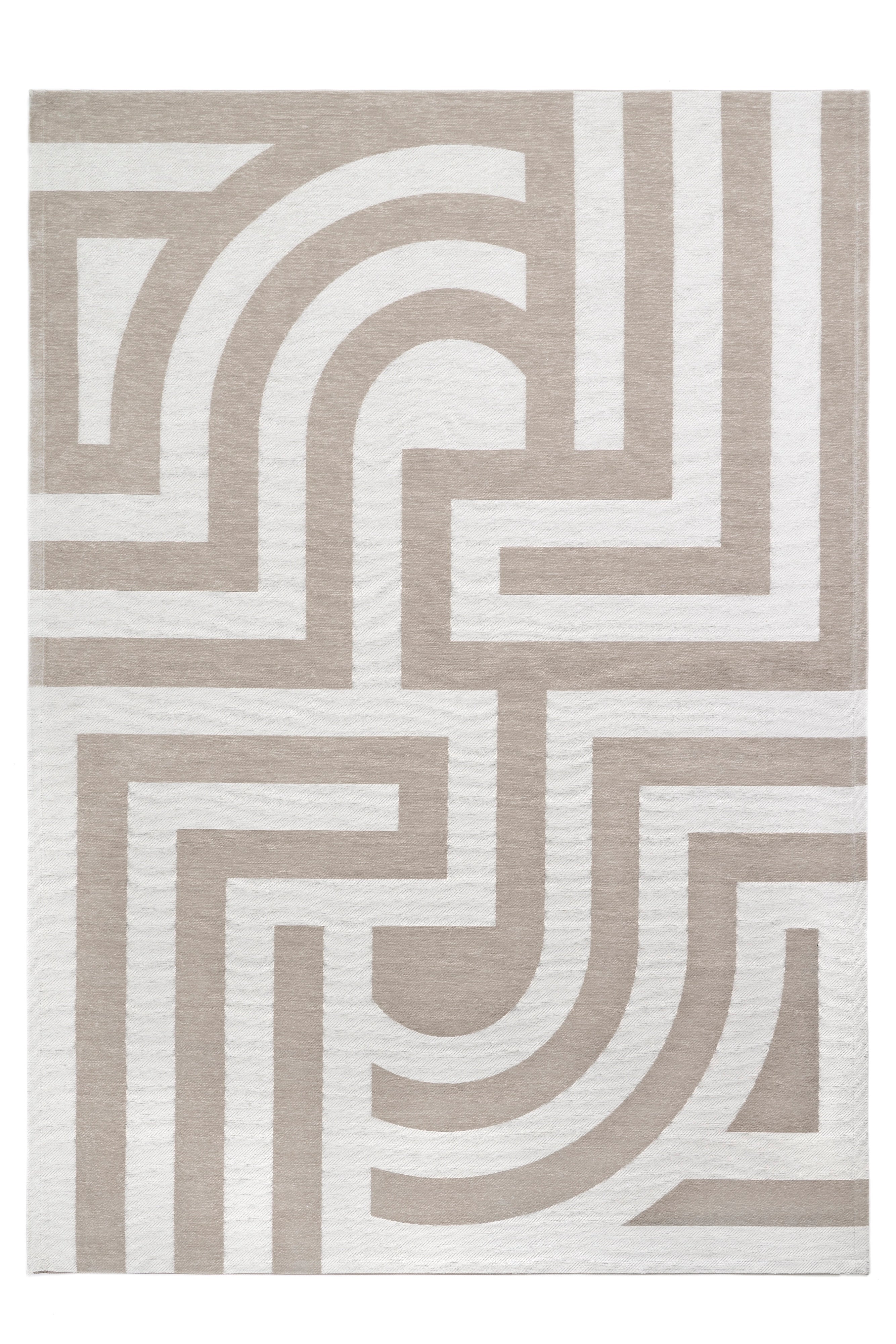 Tapis rectangulaire beige à motif géométrique blanc, style moderne et épuré