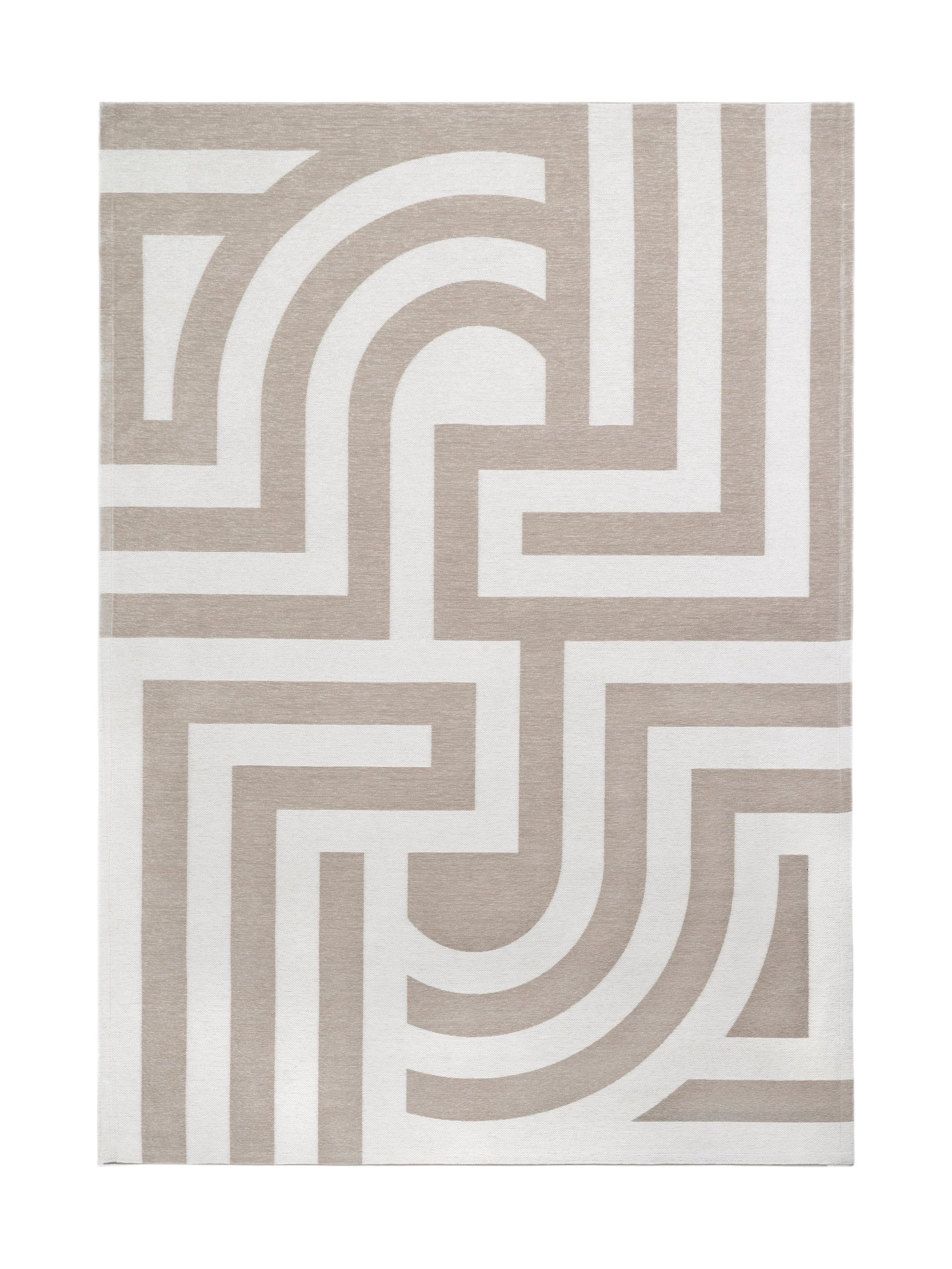 Tapis rectangulaire beige à motif géométrique blanc, style moderne et épuré
