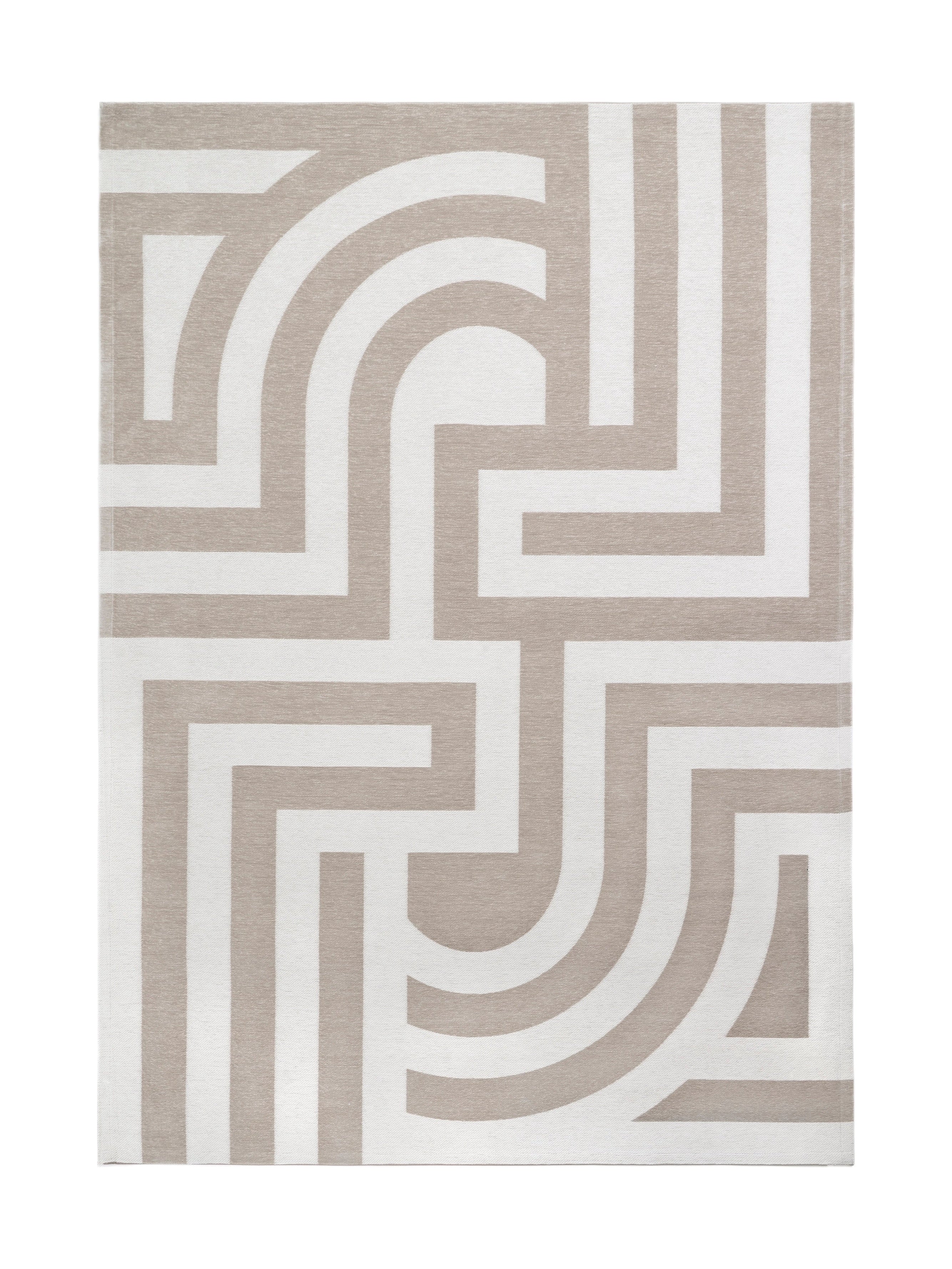 Tapis rectangulaire beige à motif géométrique blanc, style moderne et épuré