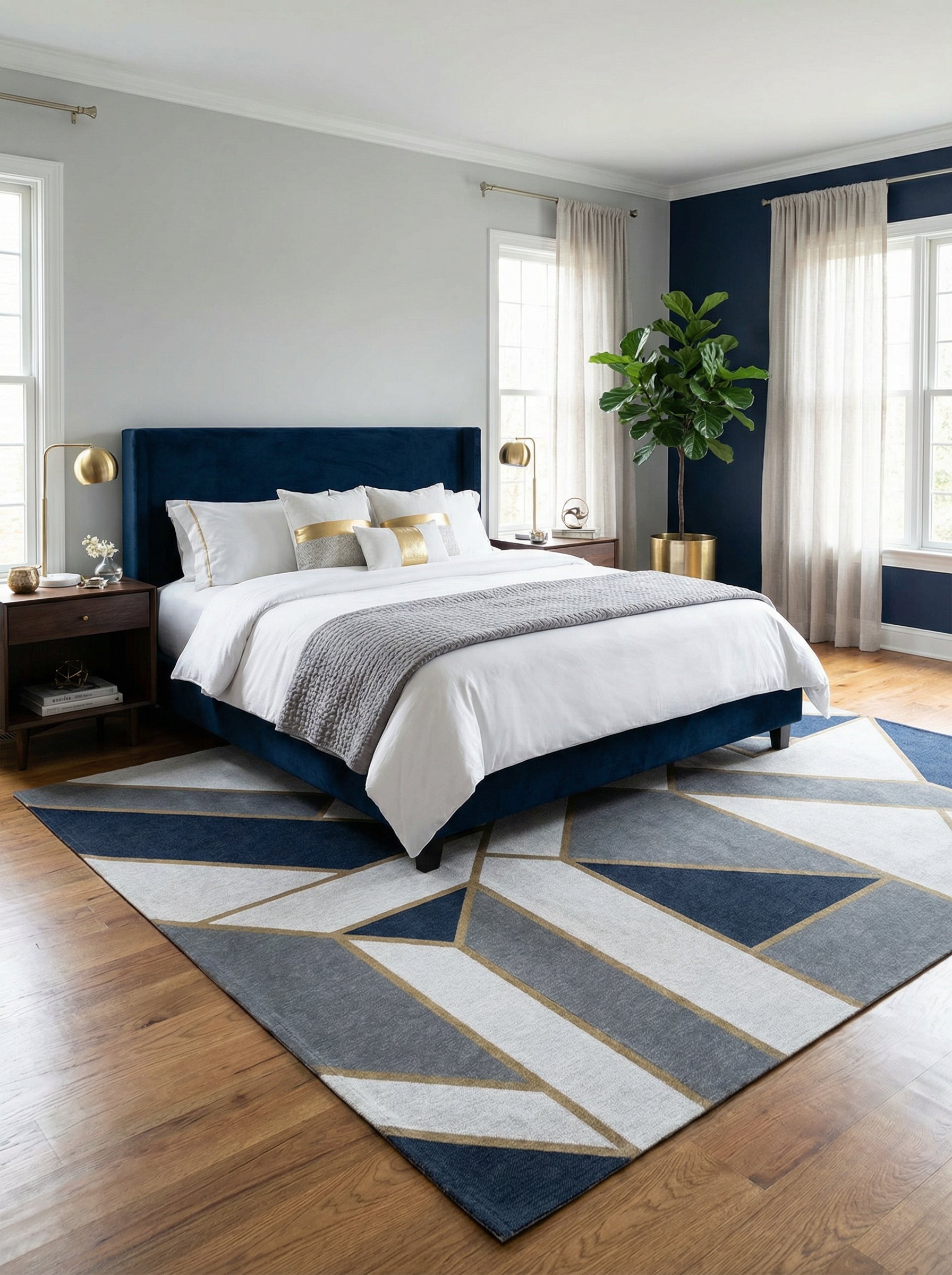 Tapis rectangulaire aux motifs géométriques bleus, gris et dorés. Il apporte douceur et confort, créant une ambiance