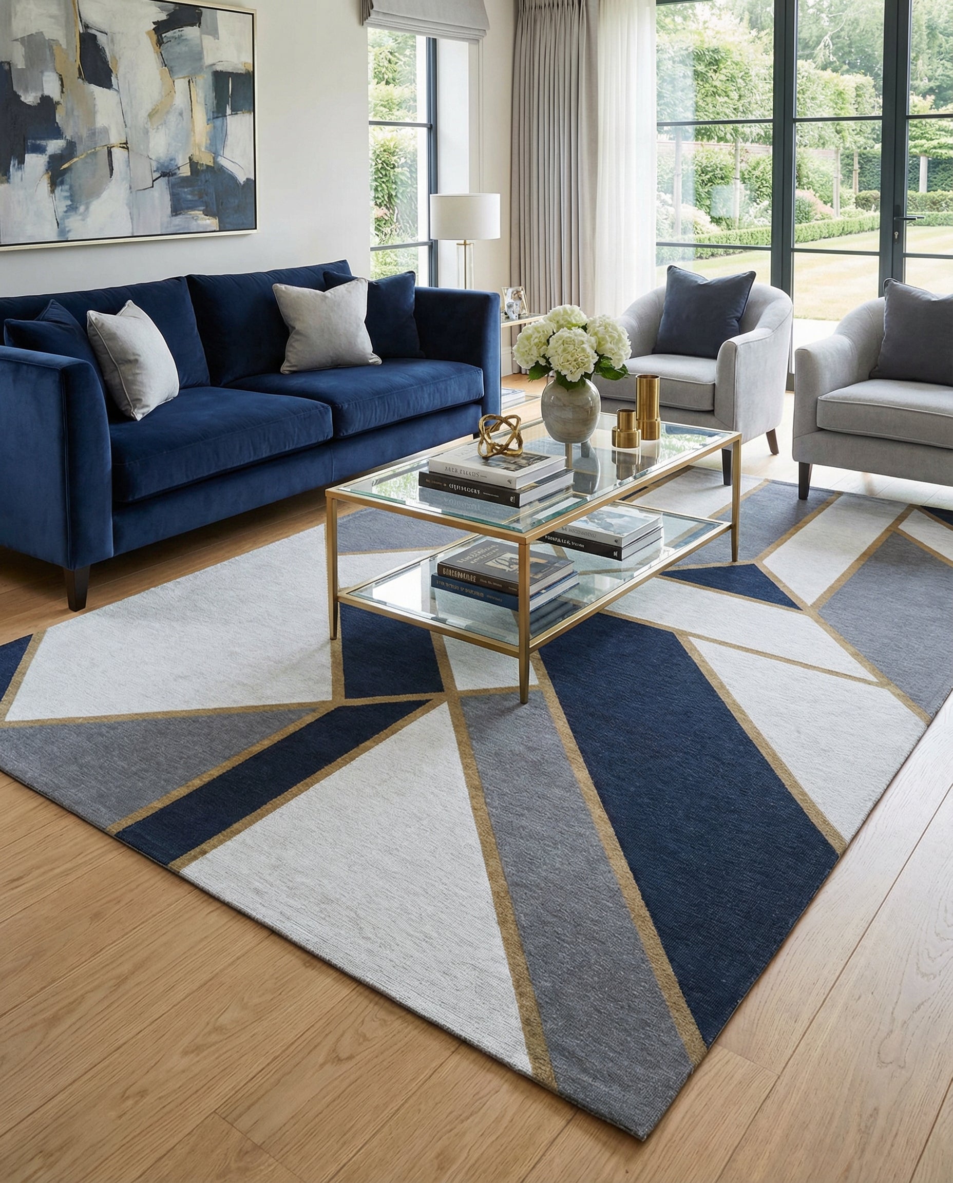 Tapis rectangulaire bleu, gris et blanc. Il illumine la pièce et crée une ambiance moderne