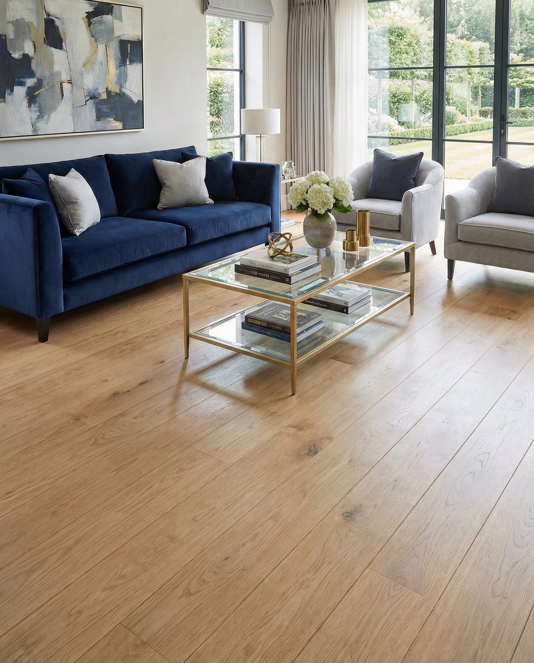 Pièce lumineuse avec parquet clair, canapé bleu, fauteuils gris, table basse dorée, tableau abstrait, ambiance moderne