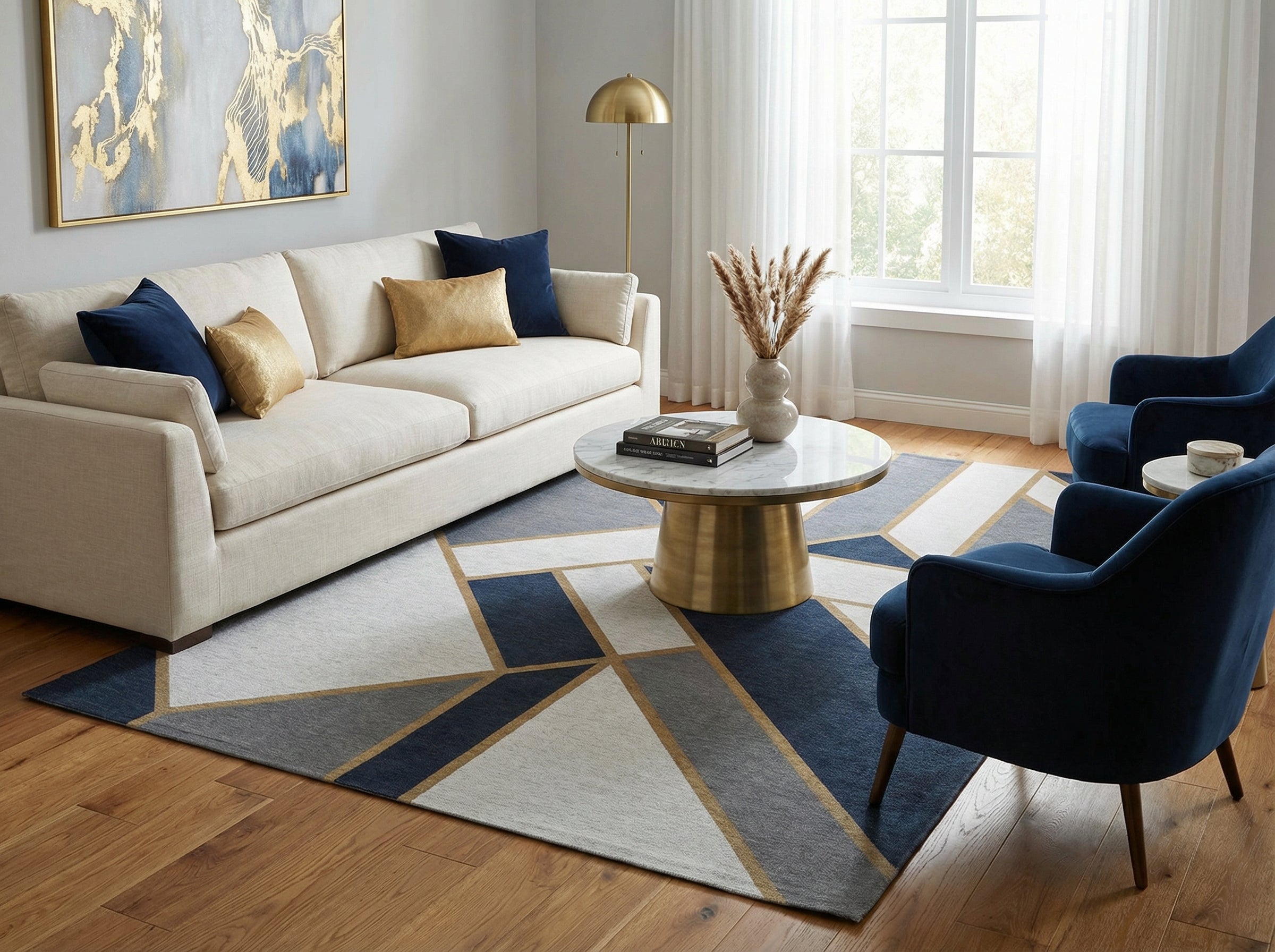 Tapis rectangulaire bleu, gris et or dans un salon contemporain, ambiance cosy et élégante