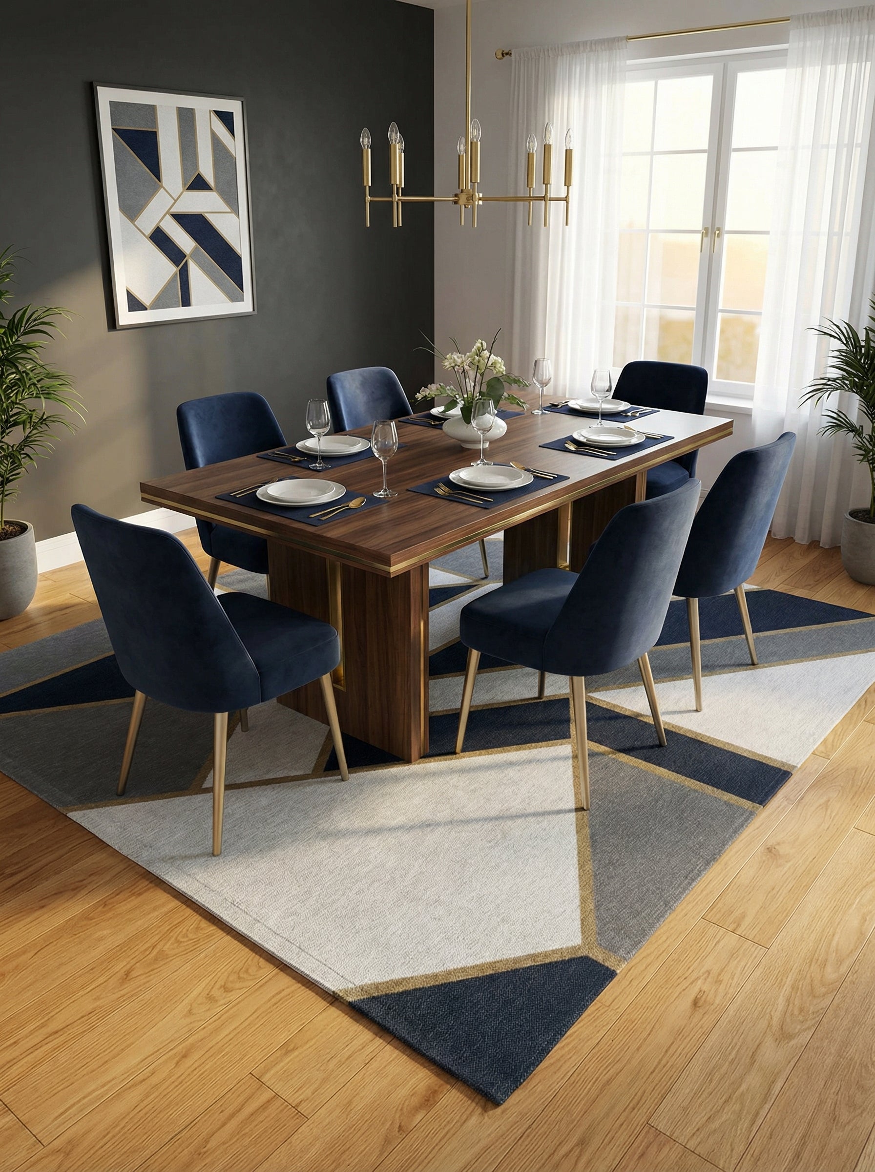 Tapis rectangulaire bleu et gris sous la table. Il définit l'espace repas et crée une ambiance conviviale