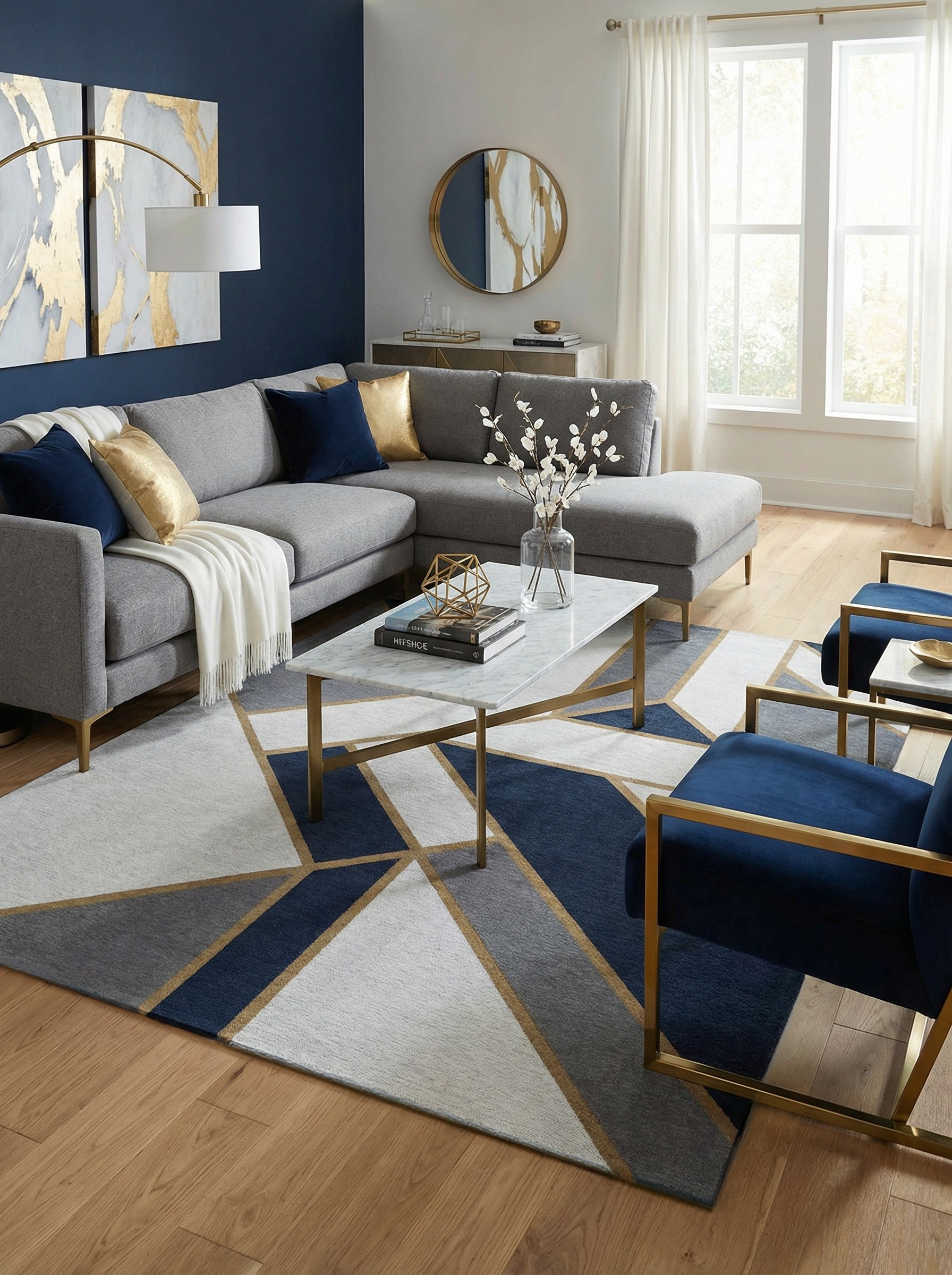 Tapis rectangulaire bleu, gris et or. Crée une ambiance moderne et harmonieuse dans le salon