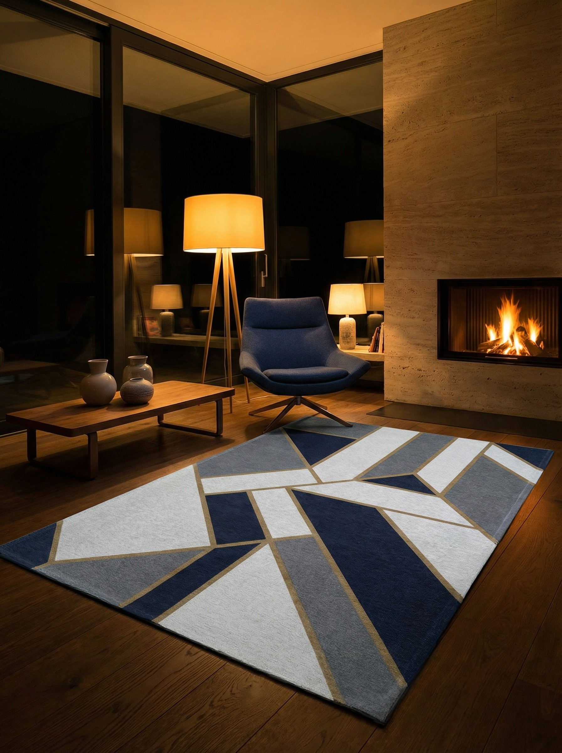 Tapis rectangulaire bleu, gris et blanc. Éclairage doux, ambiance chaleureuse dans la pièce