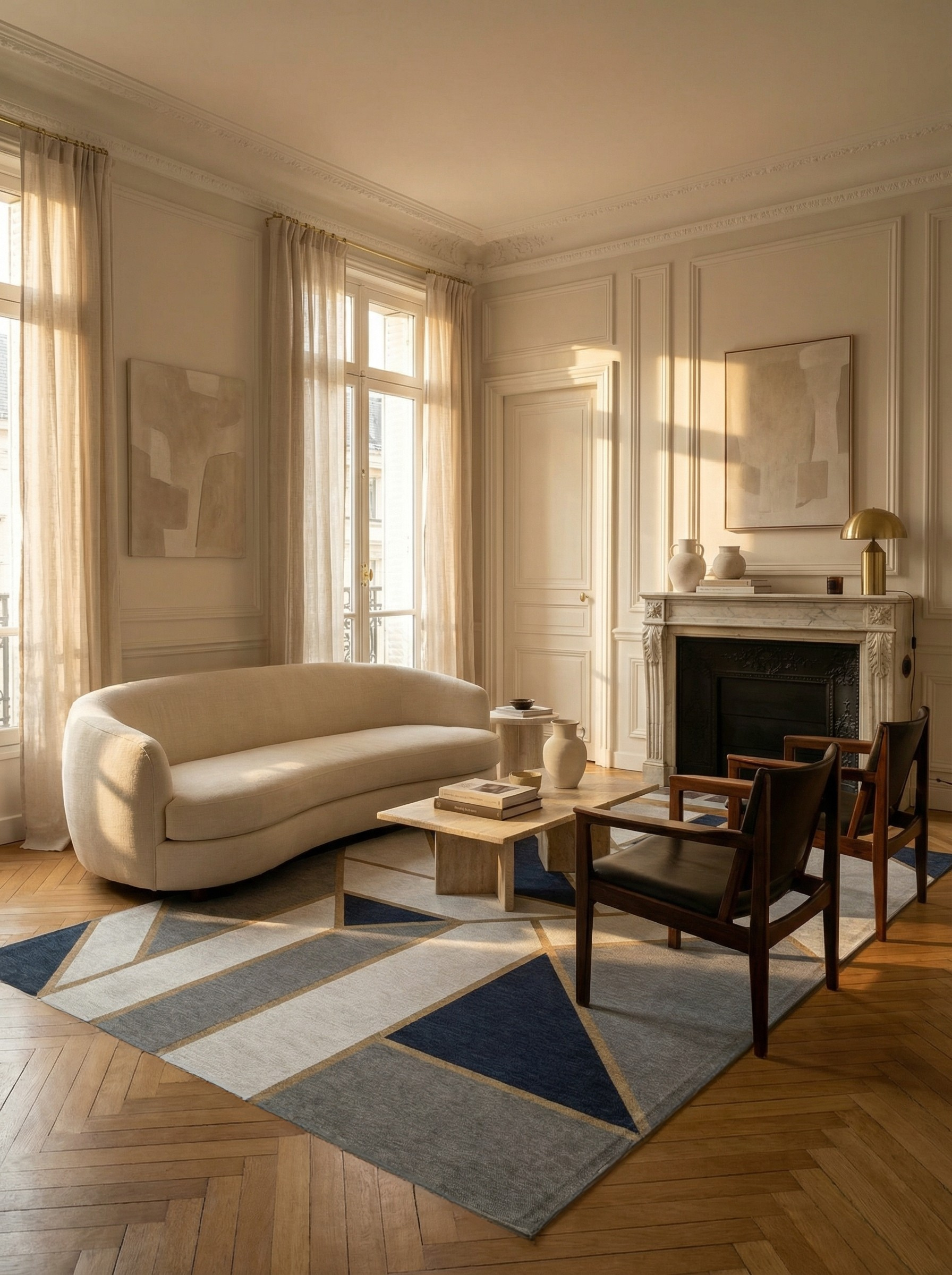 Tapis rectangulaire bleu et gris. Ambiance de soirée élégante et conviviale dans le salon