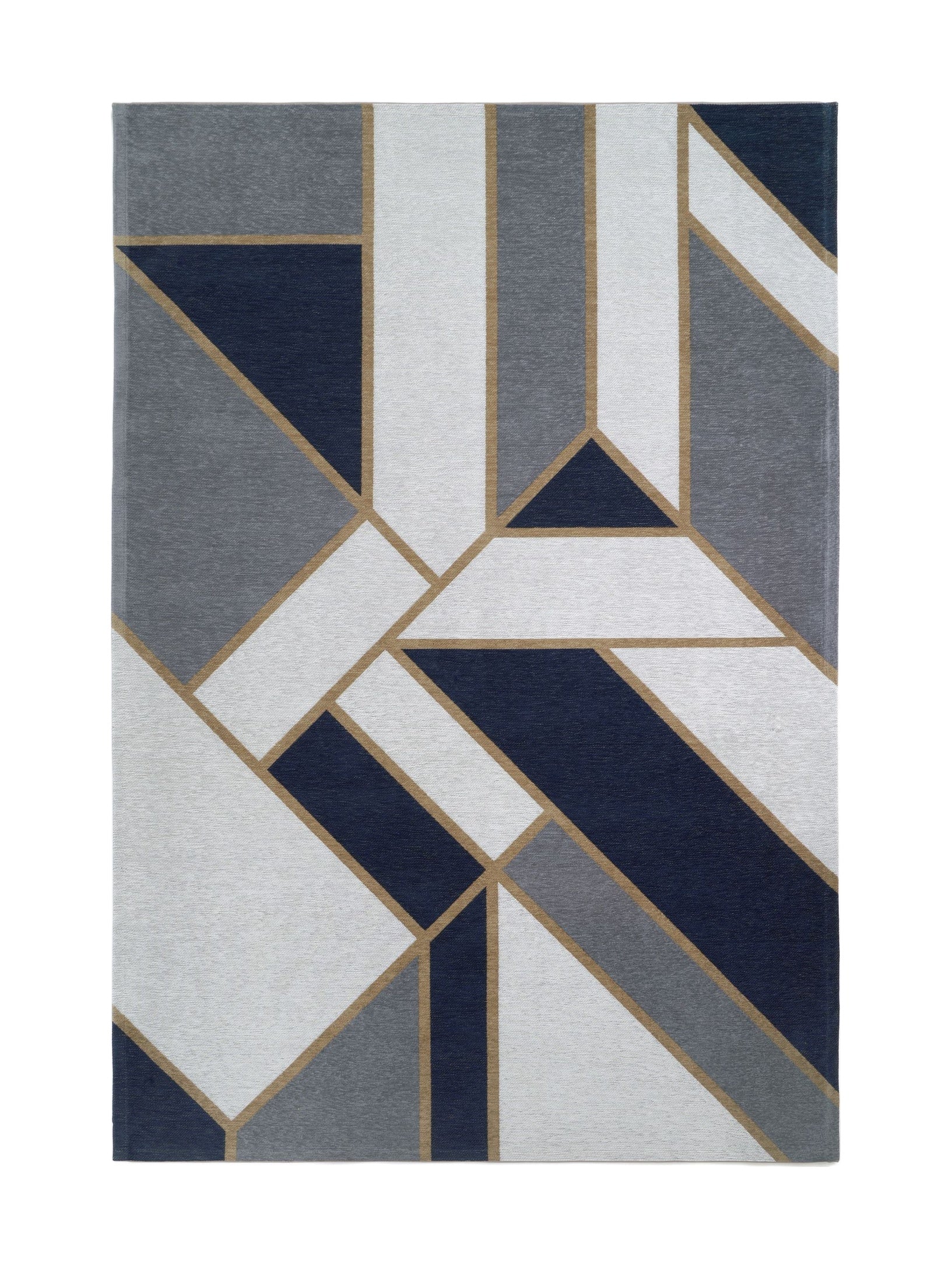 Tapis rectangulaire avec motif géométrique abstrait, dominé par des nuances de bleu, gris et blanc, bordé de lignes dorées