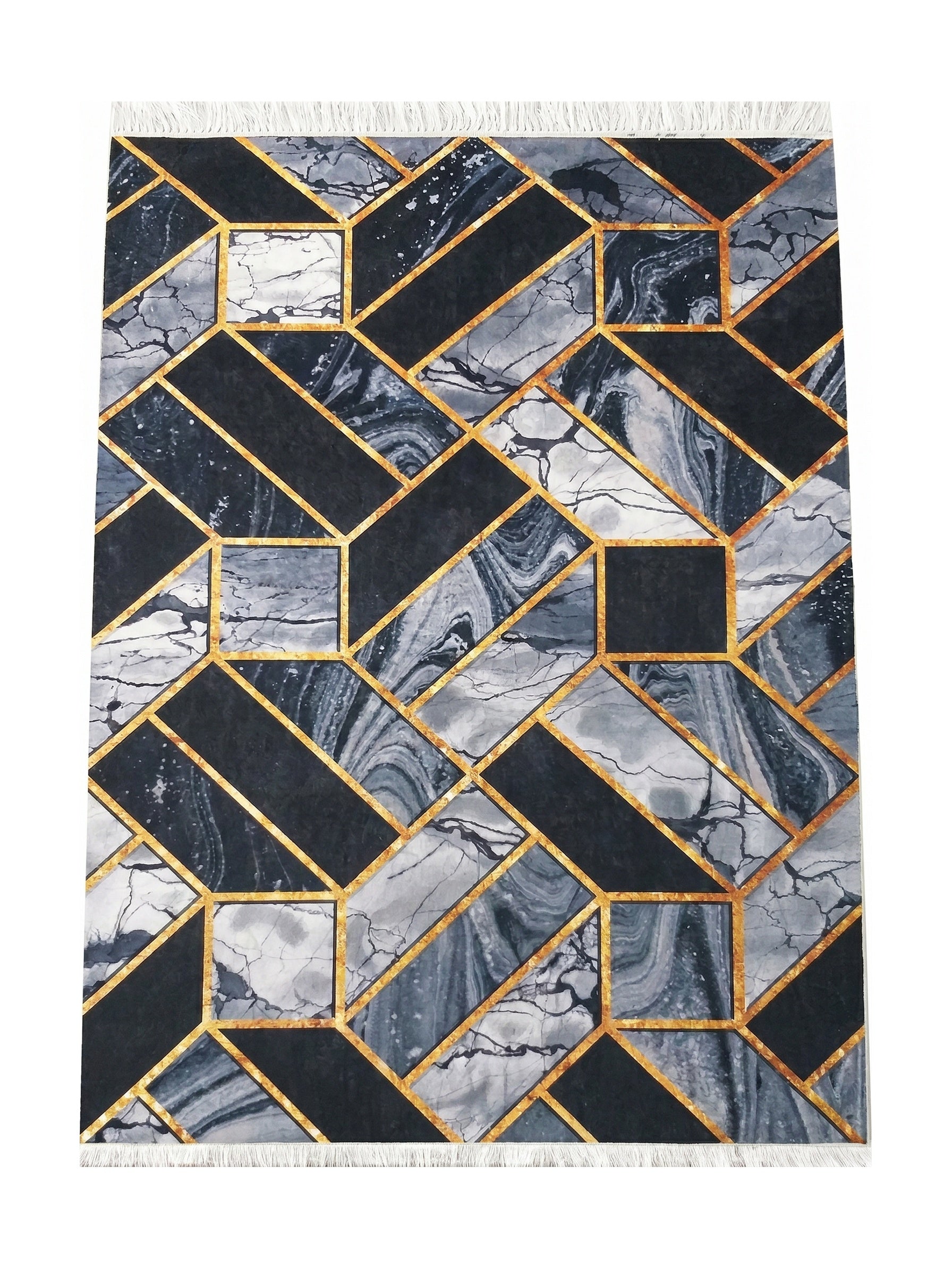 Tapis rectangulaire à motif géométrique de formes marbrées bleues et grises, de blocs noirs, de lignes dorées et franges blanches