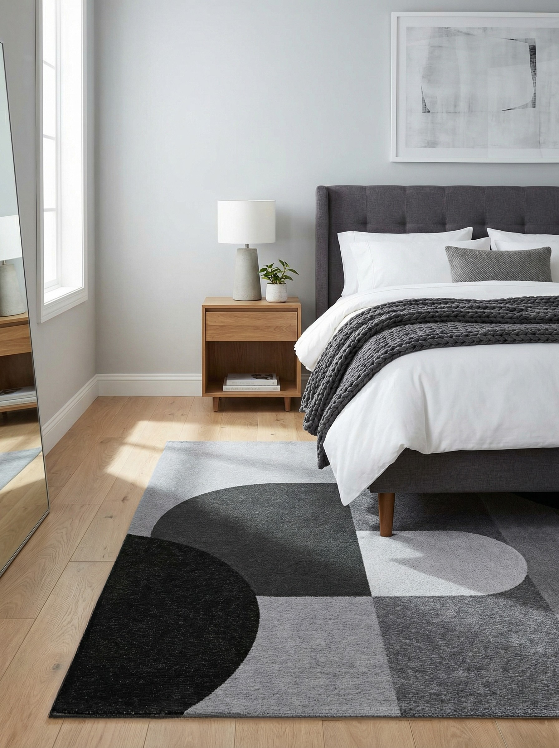 Tapis rectangulaire gris et noir dans une chambre, doux et confortable, créant une ambiance reposante