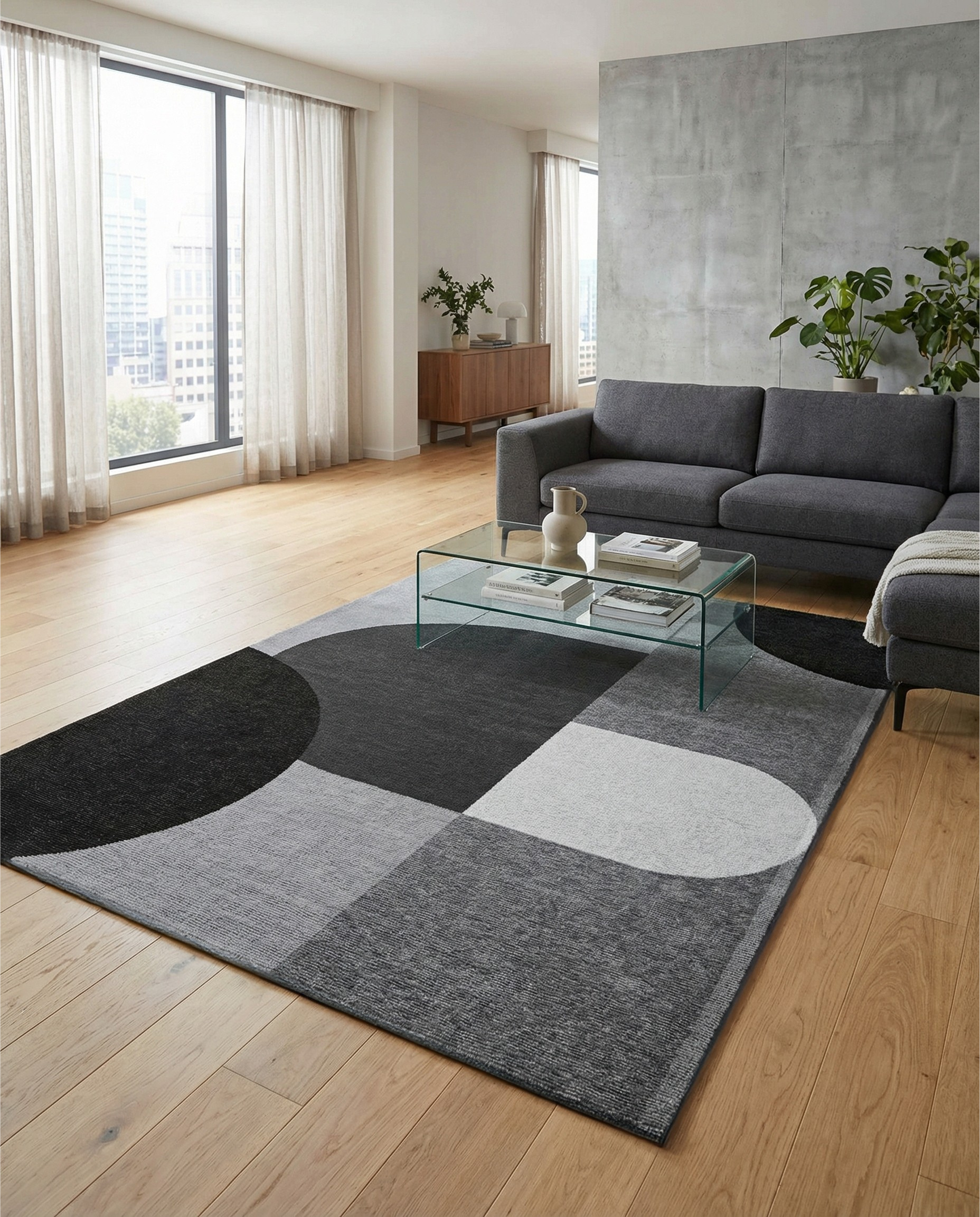 Tapis rectangulaire gris et noir. Il définit l'espace, ajoute de la texture et un style contemporain à la pièce