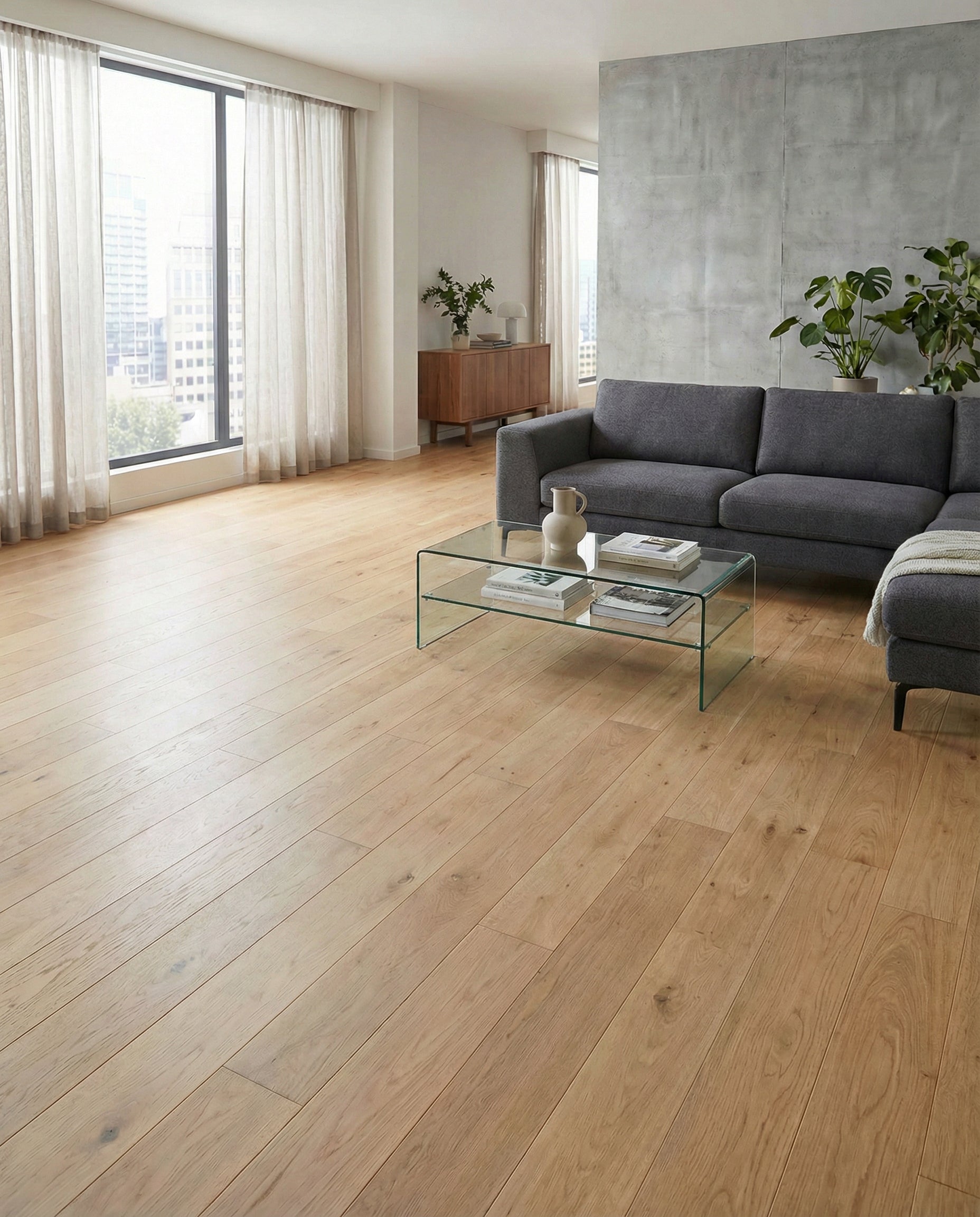 Pièce lumineuse avec plancher en bois clair, canapé gris, mur gris texturé, fenêtre avec rideaux blancs, ambiance moderne