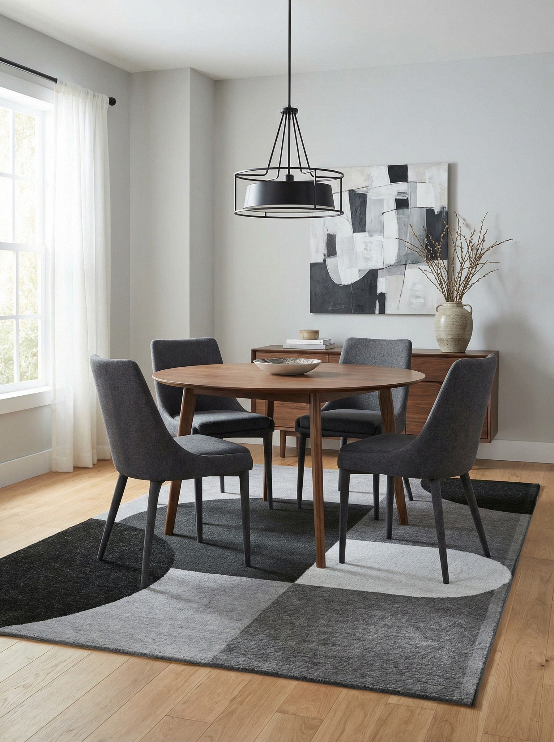 Tapis rectangulaire gris définissant l'espace repas. Ambiance conviviale, motifs géométriques