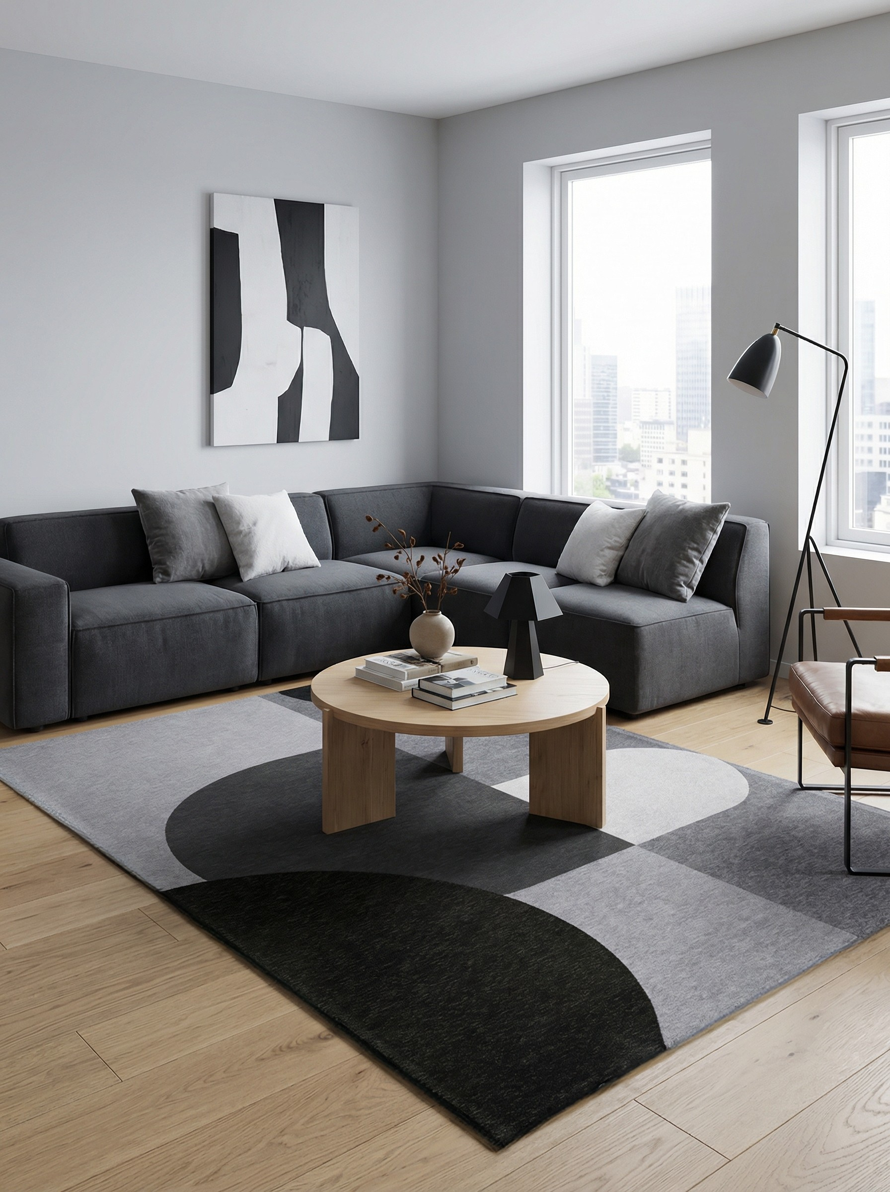 Tapis rectangulaire gris et noir dans un salon moderne. Ambiance épurée. Harmonie avec le décor minimaliste