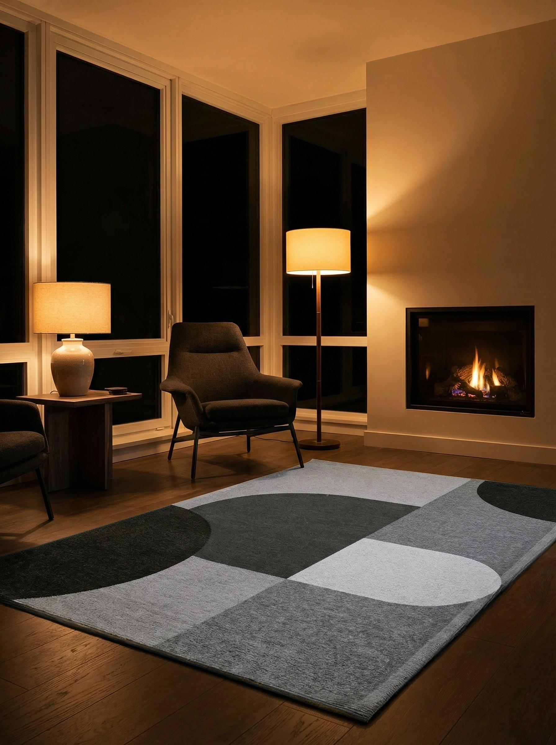 Tapis rectangulaire gris dans une pièce tamisée, éclairage doux. Ambiance chaleureuse, formes géométriques