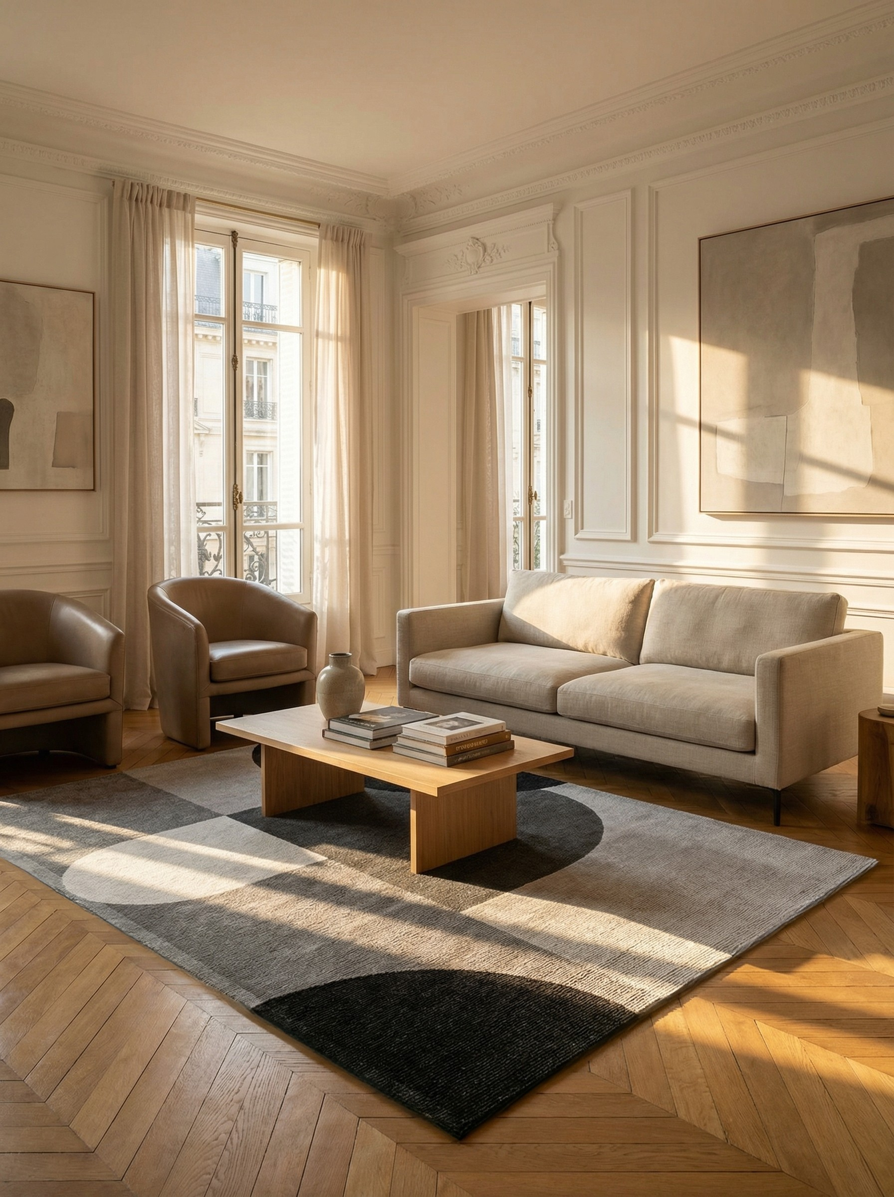 Tapis rectangulaire gris et noir, ambiance soirée élégante et conviviale, dans un salon