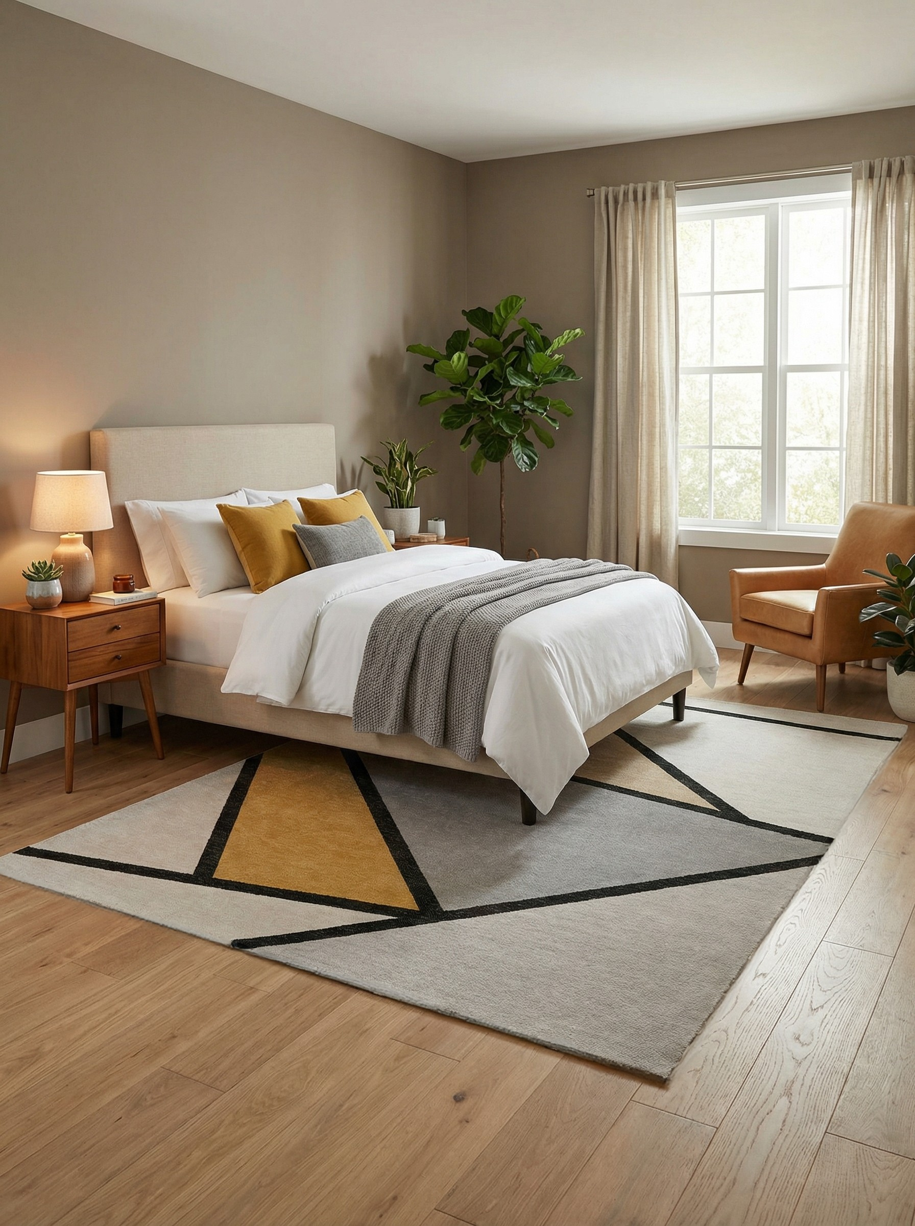 Tapis rectangulaire gris et ambre dans une chambre. Doux, confortable, pour une ambiance reposante