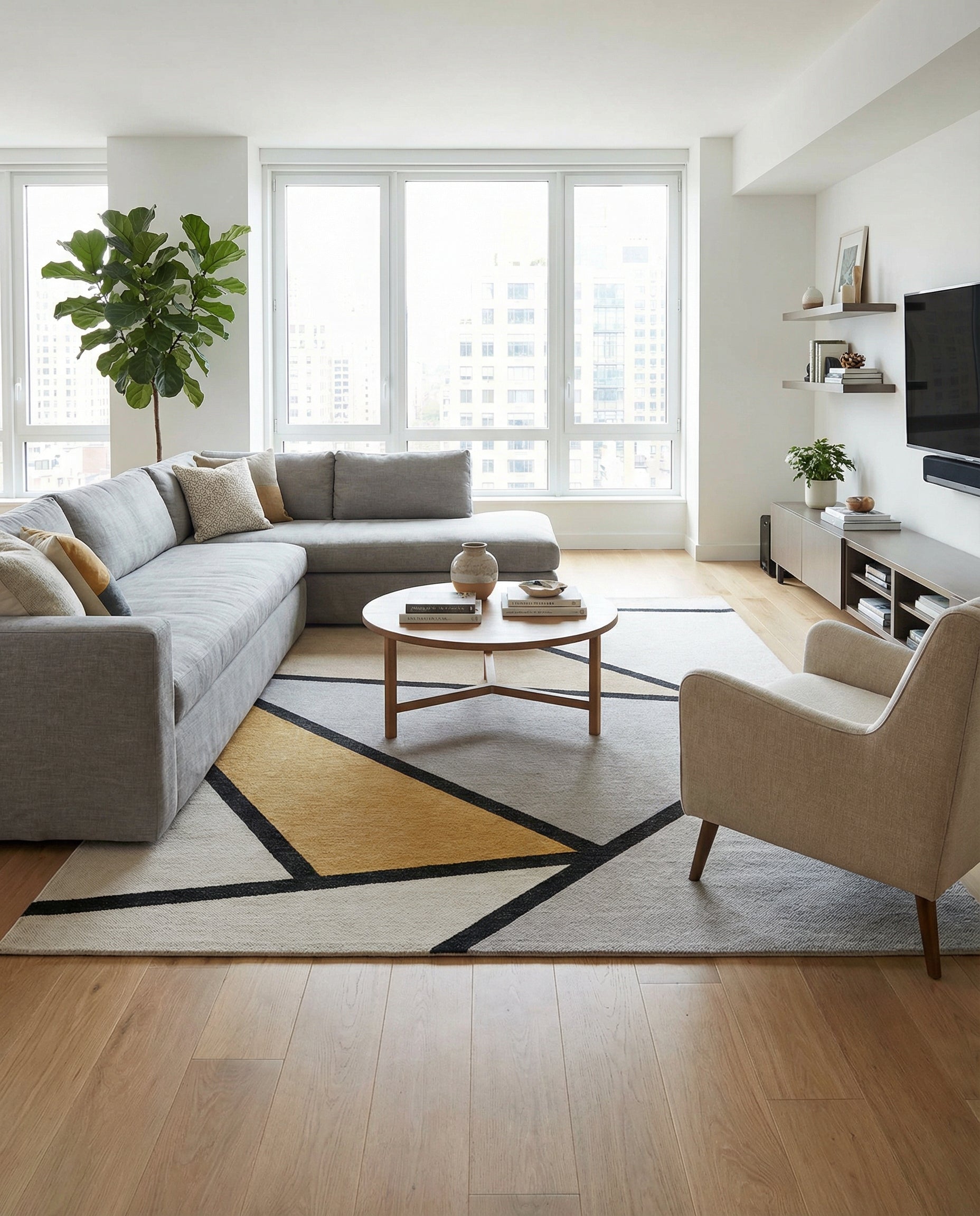 Tapis rectangulaire aux motifs géométriques gris, noir et jaune. Il égaye la pièce, créant une ambiance moderne et