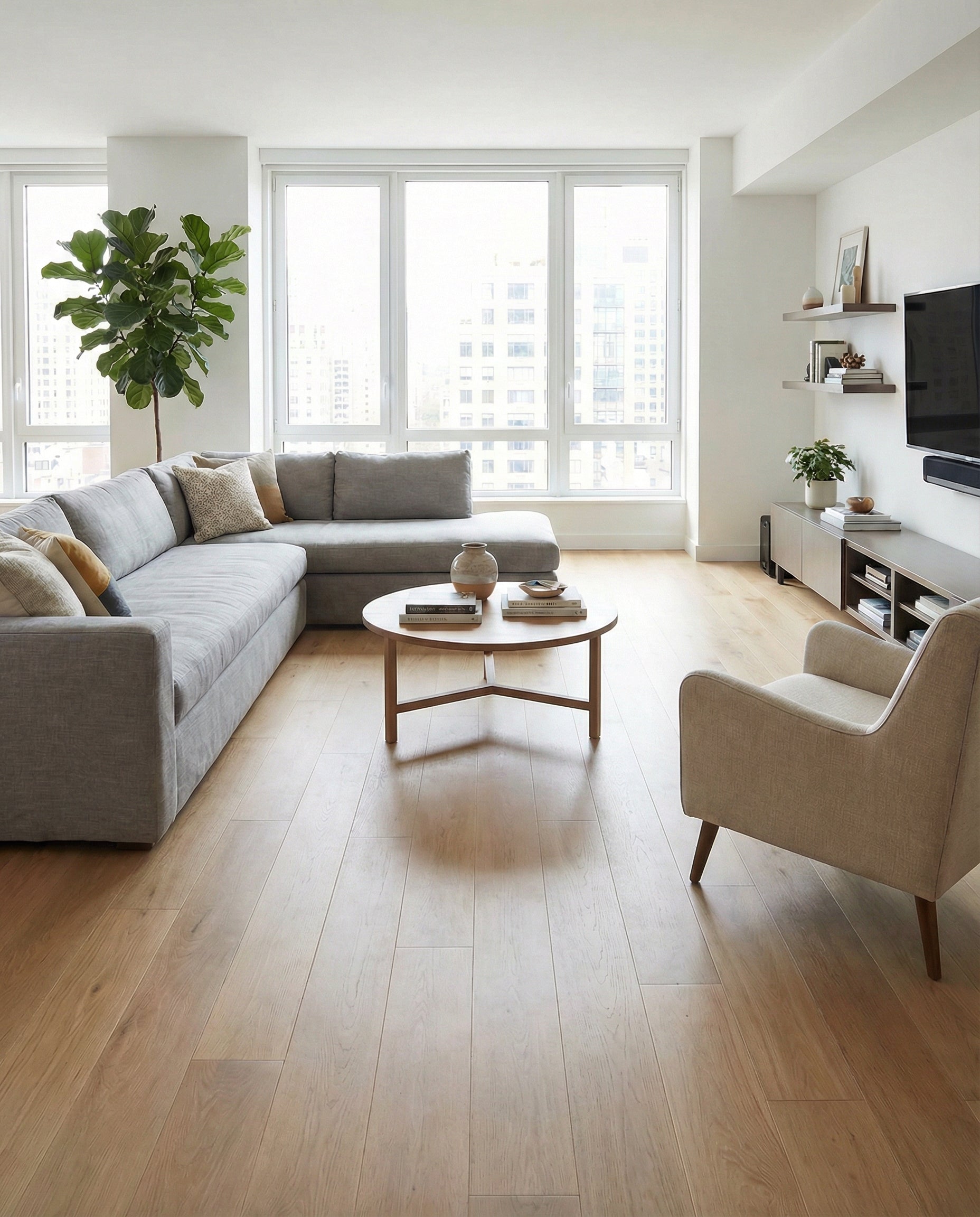 Pièce lumineuse avec plancher en bois clair. Canapé gris, fauteuil beige. Table ronde en bois. Ambiance moderne et épurée