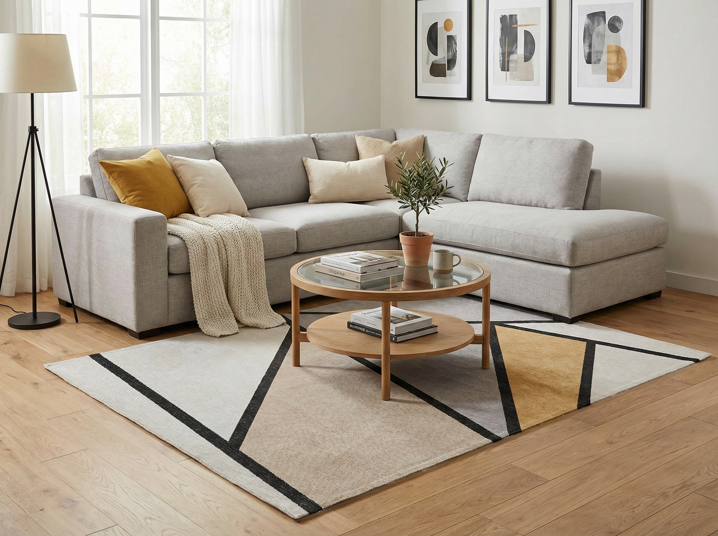 Tapis rectangulaire aux motifs géométriques gris, noir et jaune dans un salon lumineux. Ambiance moderne et épurée