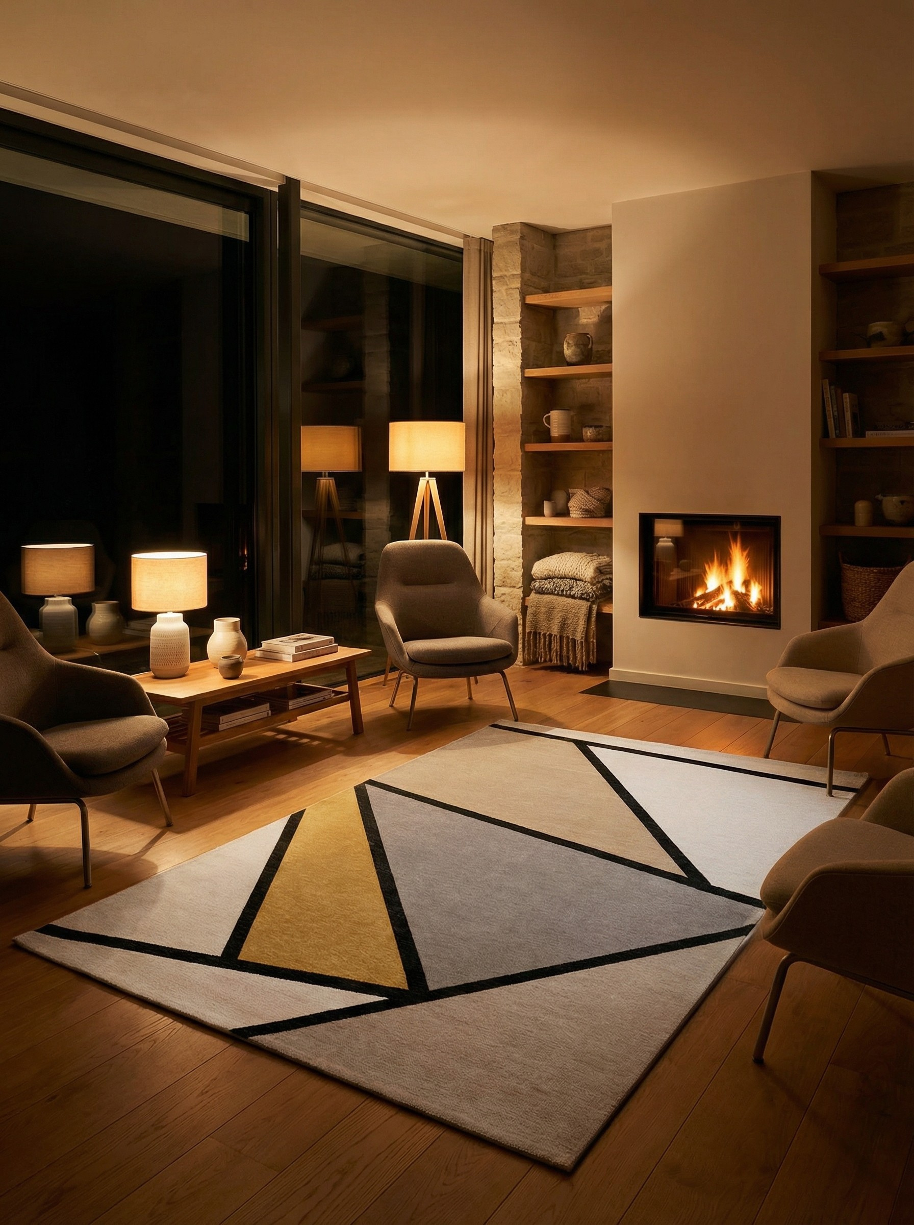 Tapis rectangulaire aux couleurs gris et jaune, éclairage doux, ambiance chaleureuse dans la pièce