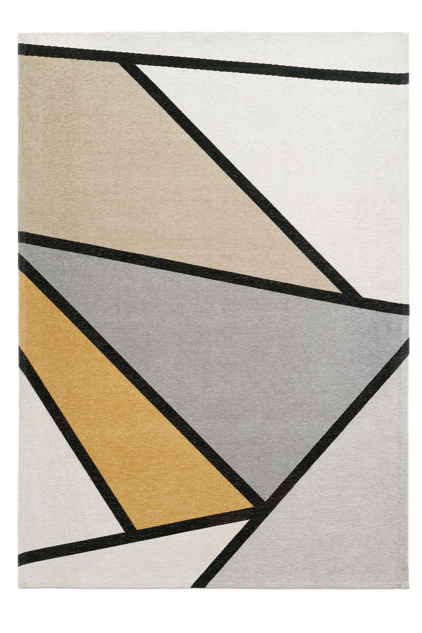 Tapis rectangulaire avec motif géométrique abstrait, couleurs principales gris, jaune et beige, style moderne