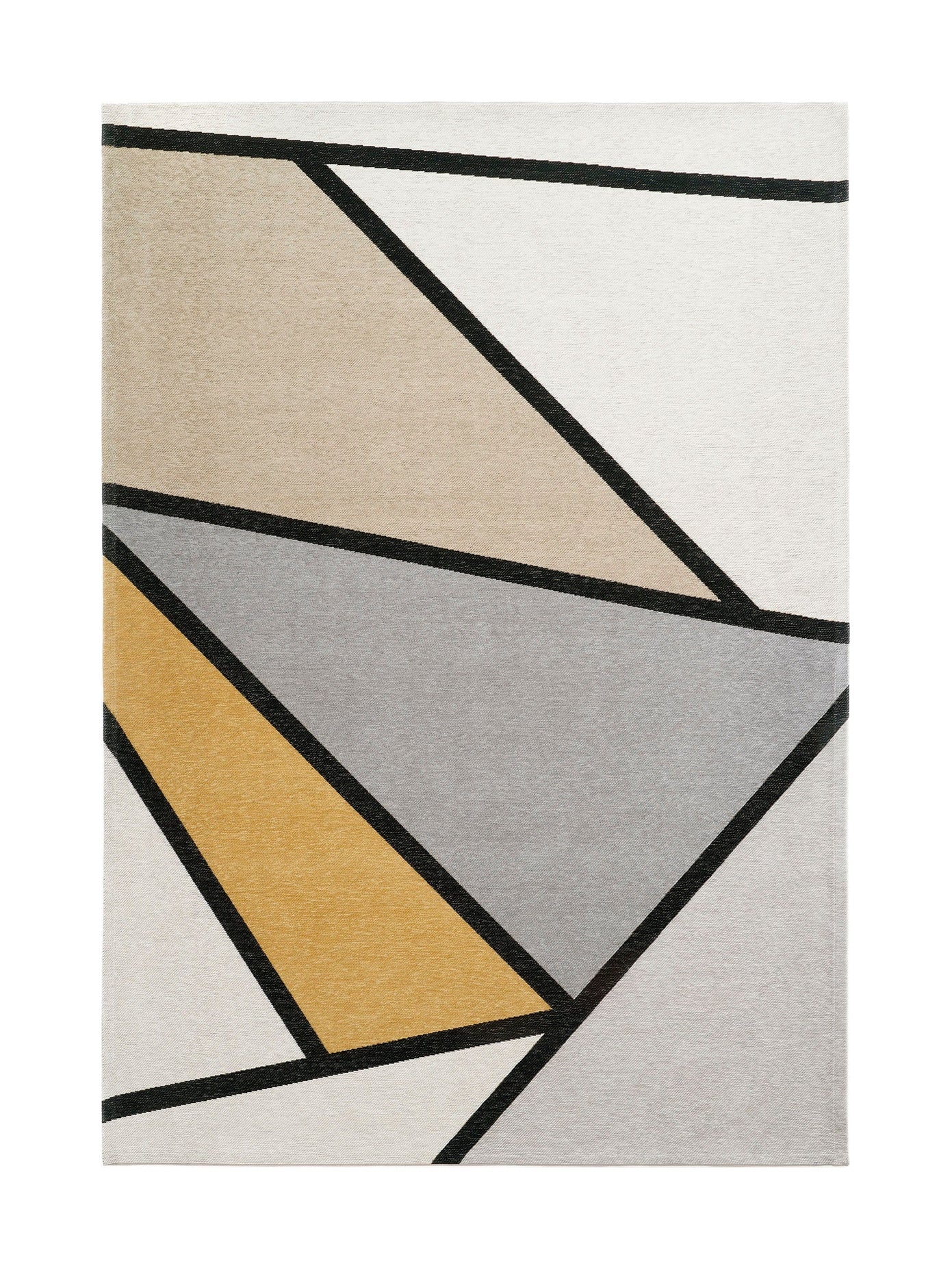 Tapis rectangulaire avec motif géométrique abstrait, couleurs principales gris, jaune et beige, style moderne