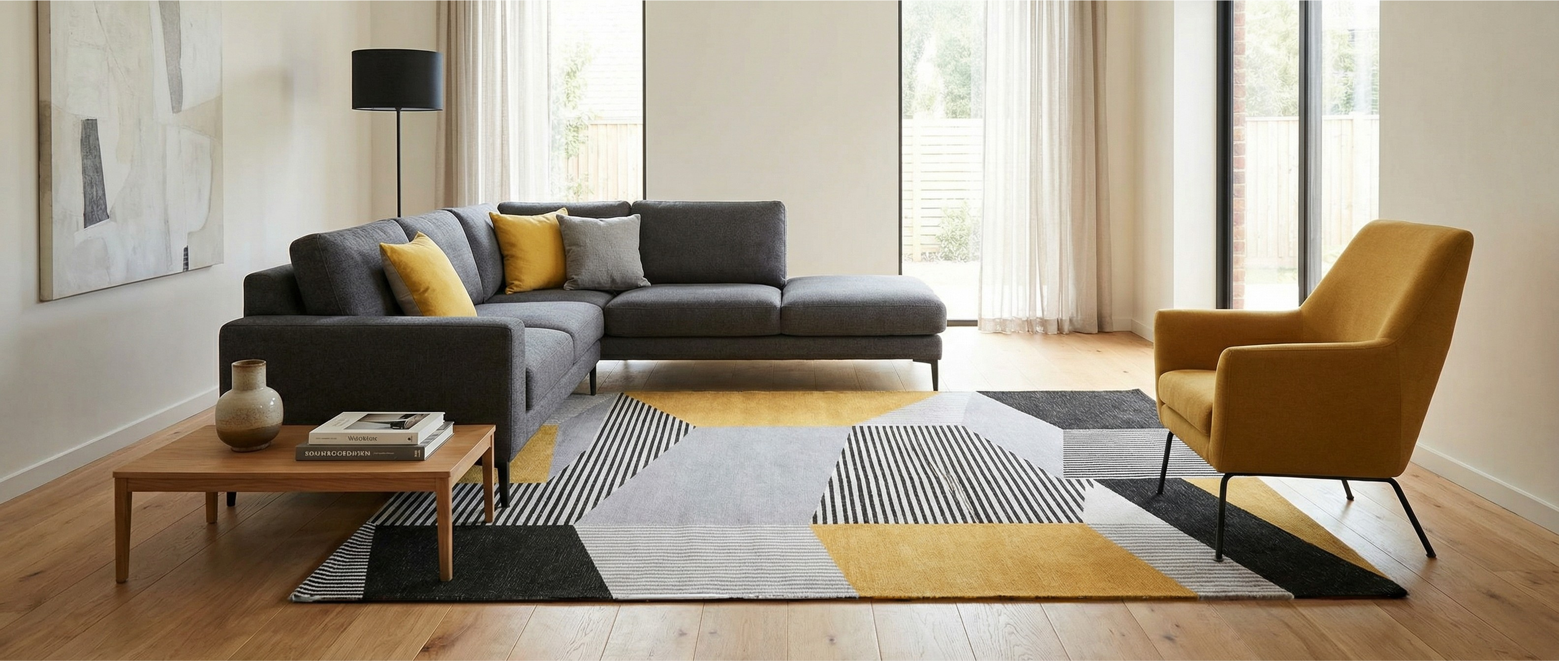 Tapis rectangulaire aux motifs géométriques gris, noir et jaune. Il transforme la pièce, créant une harmonie colorée et