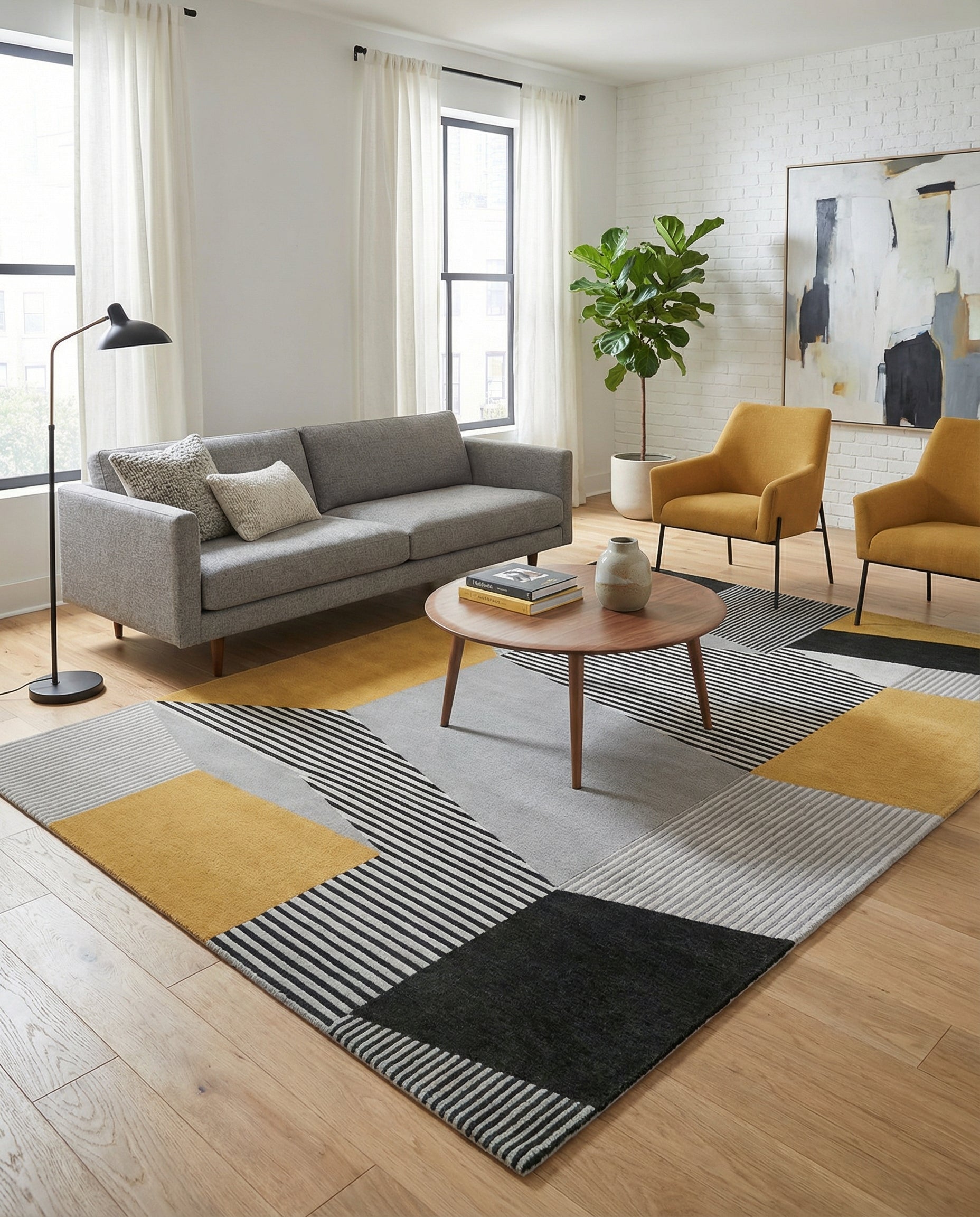 Tapis rectangulaire aux motifs géométriques gris, noir et jaune. Il illumine la pièce et définit l'espace