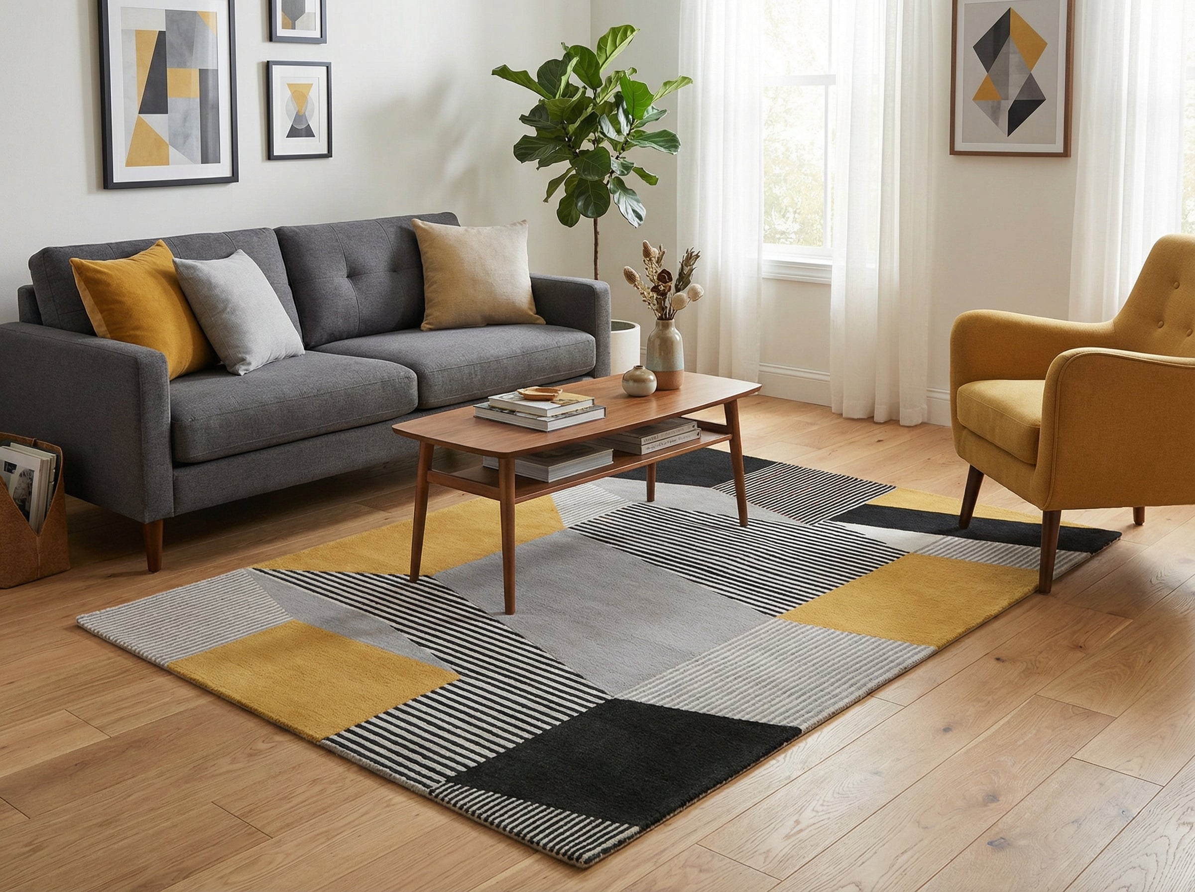 Tapis rectangulaire aux motifs géométriques gris, noir et jaune dans un salon moderne. Ambiance chaleureuse et déco