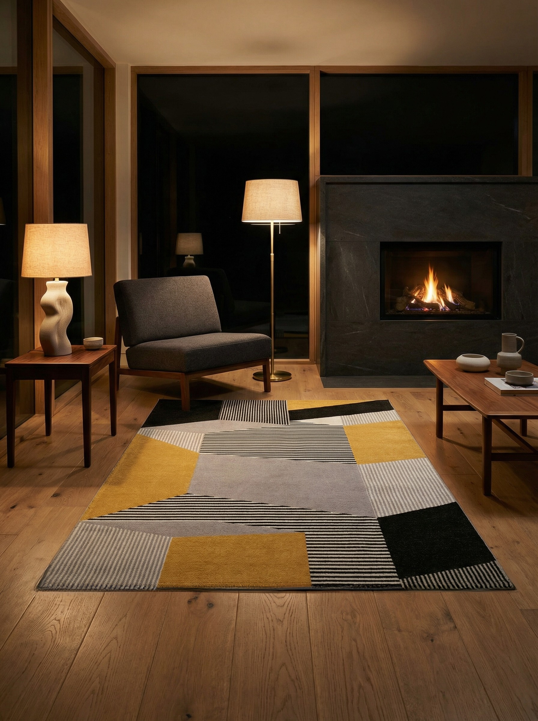 Tapis rectangulaire aux motifs géométriques gris, noir et jaune. Éclairage doux, ambiance chaleureuse dans la pièce