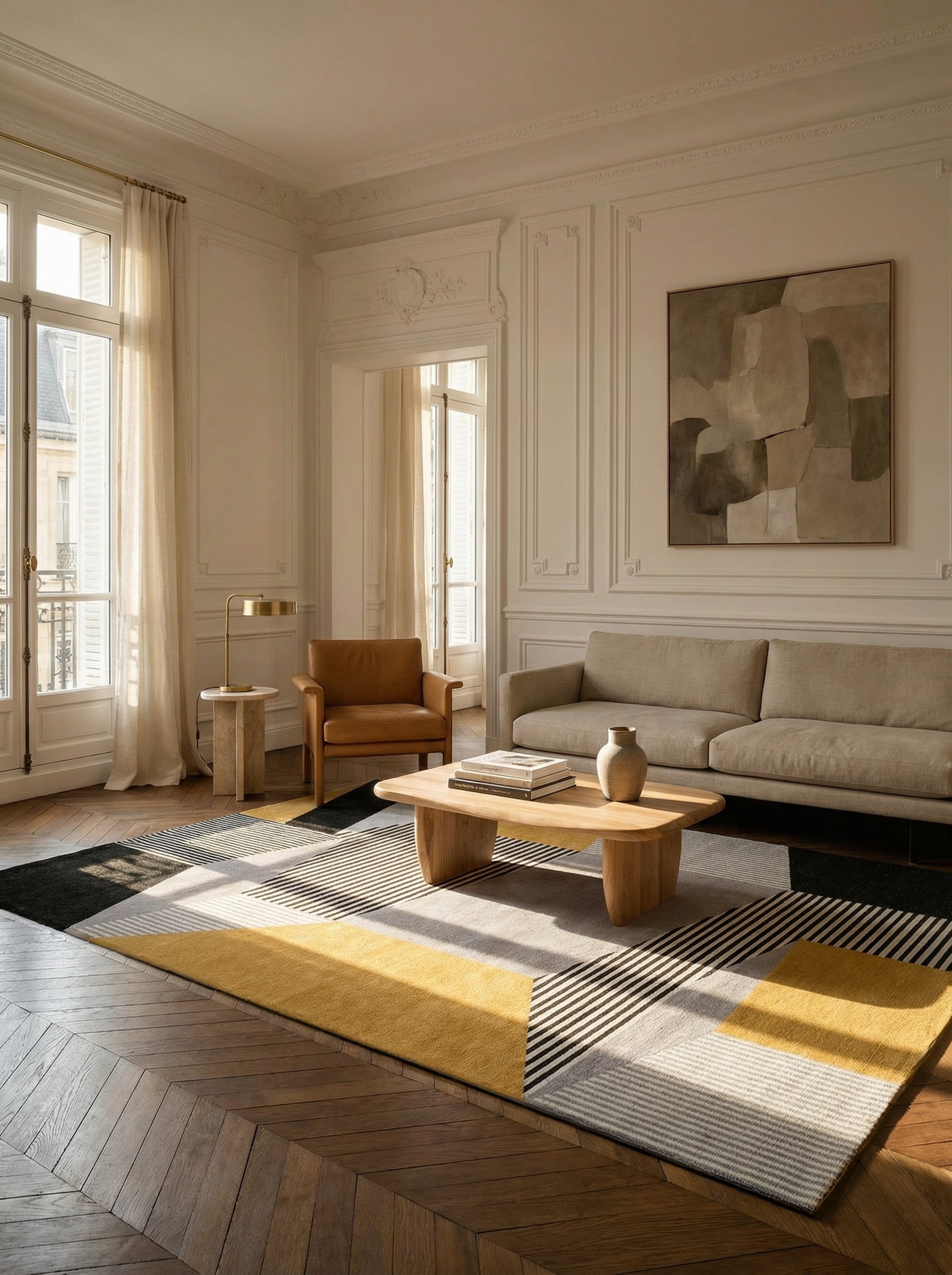 Tapis rectangulaire gris et jaune, ambiance de soirée élégante et conviviale, dans un salon