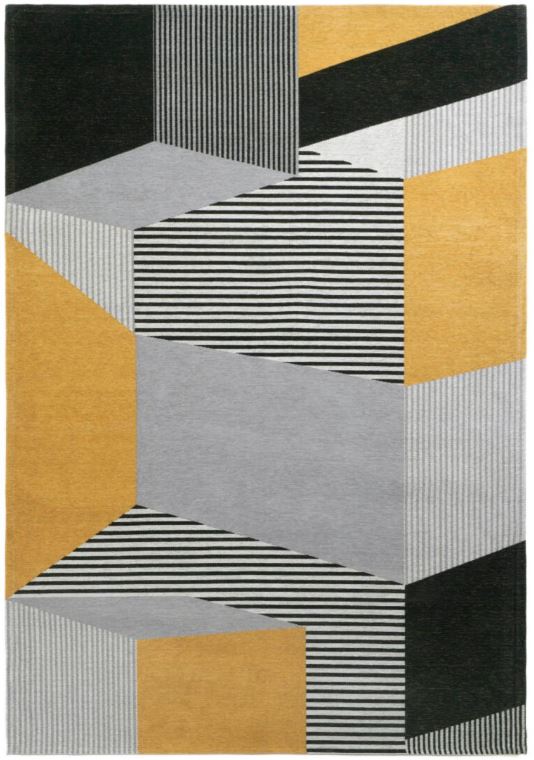 Tapis rectangulaire au motif géométrique abstrait, avec des blocs gris, noirs, jaunes et des rayures blanches et noires