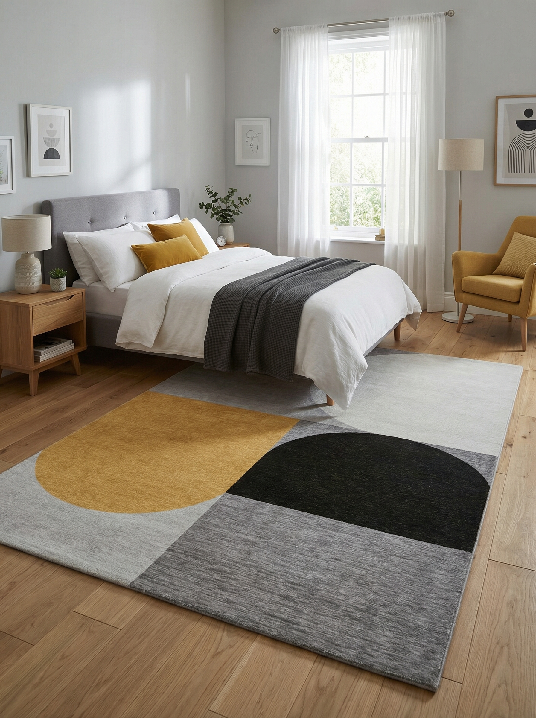 Tapis rectangulaire gris et ambre. Douceur et confort pour une ambiance reposante dans la chambre