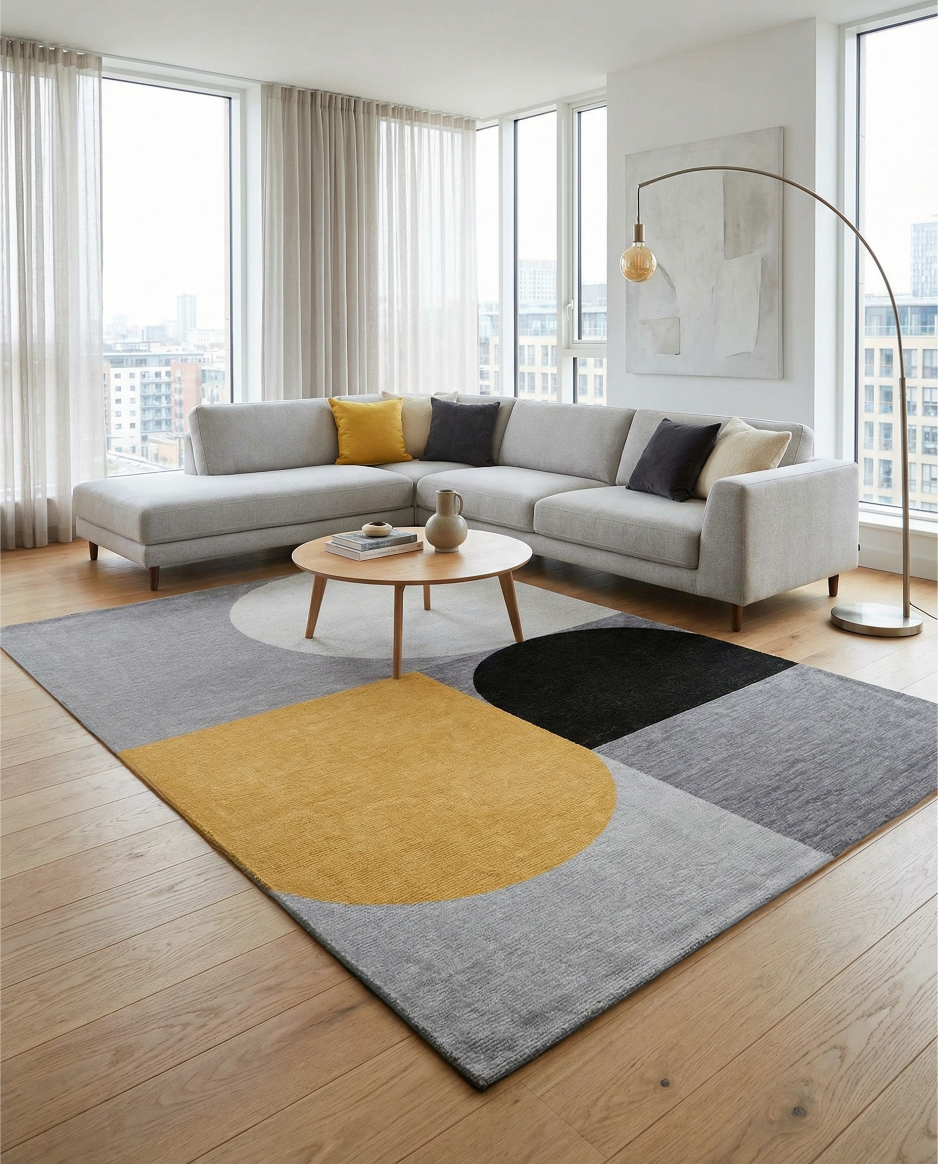 Tapis rectangulaire aux motifs géométriques gris, jaune et noir, dans une pièce lumineuse. L'ambiance est moderne et