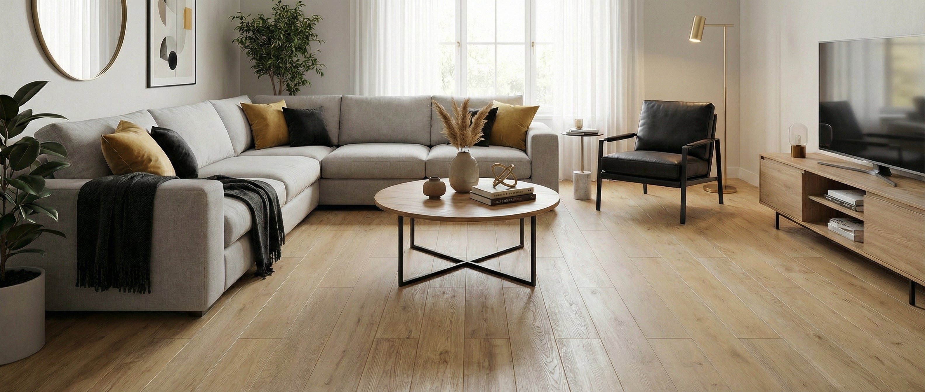 Pièce lumineuse avec parquet clair, canapé gris, coussins jaunes. Espace vide pour tapis rectangulaire, déco potentielle