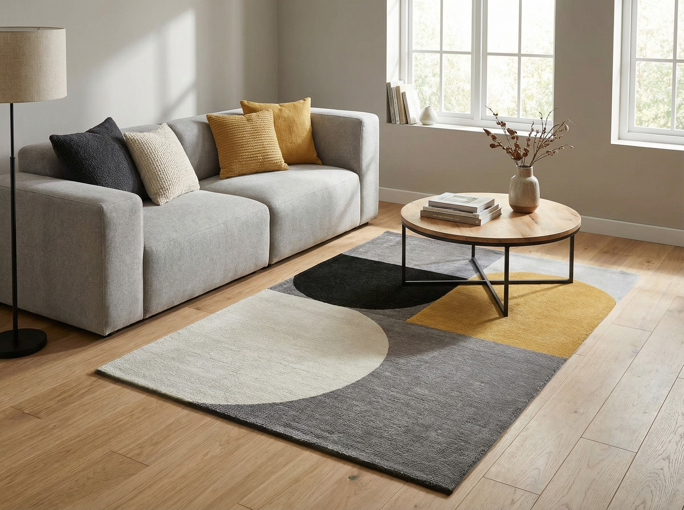 Tapis rectangulaire aux motifs géométriques gris, noir, jaune et blanc. Style déco moderne, ambiance chaleureuse