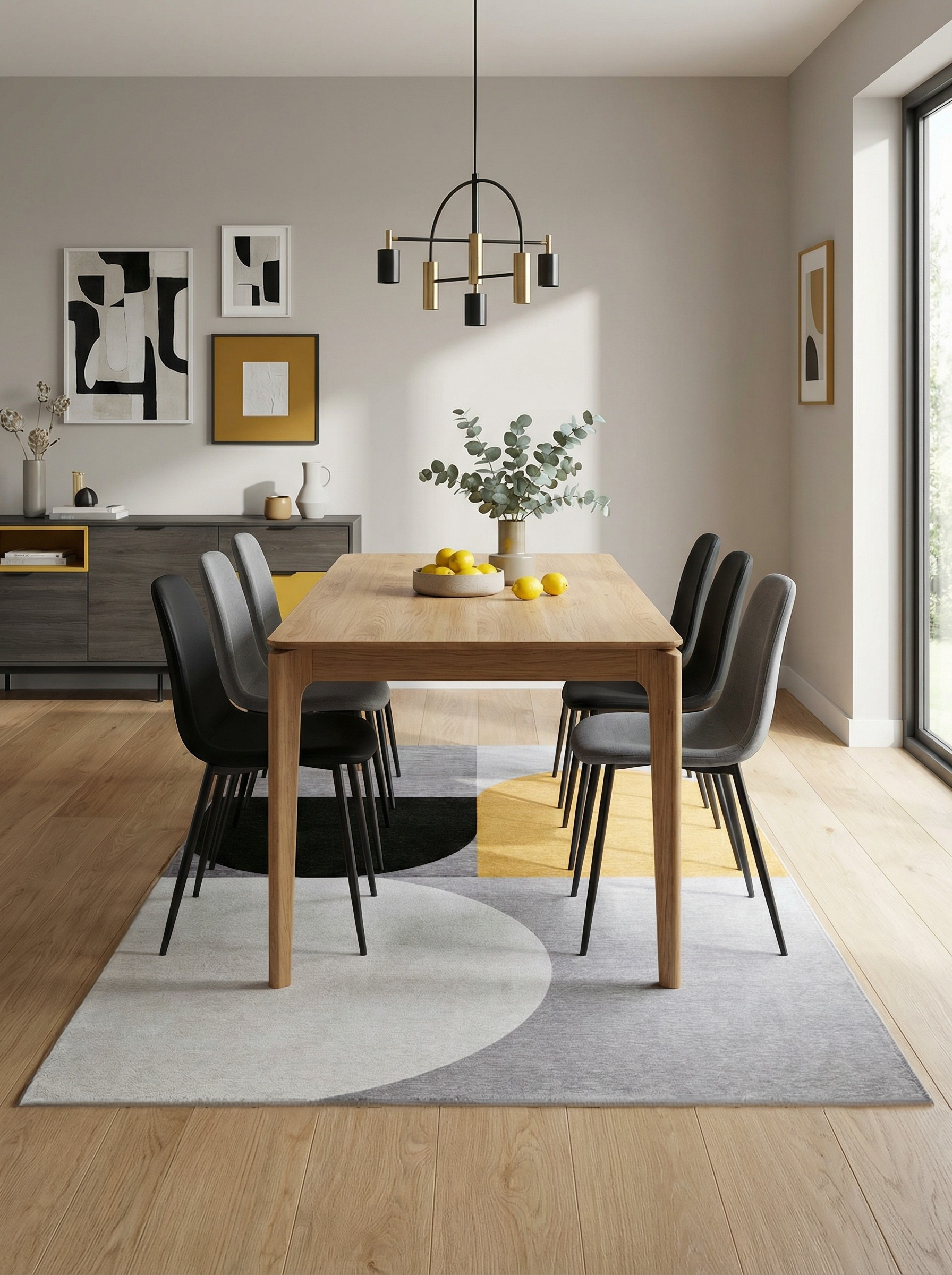 Tapis rectangulaire gris et jaune. Définit l'espace repas. Ambiance conviviale