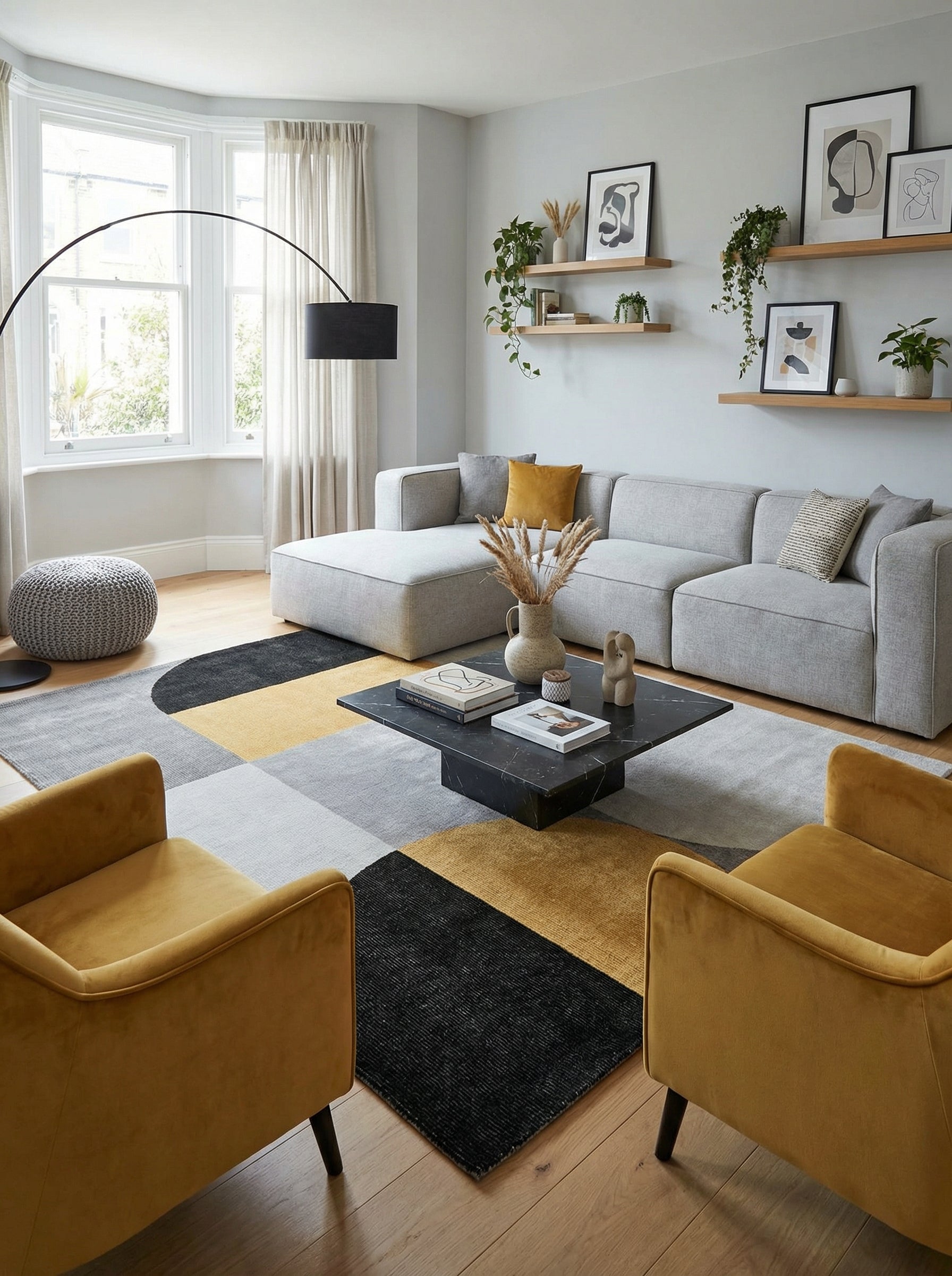 Tapis rectangulaire aux couleurs gris, jaune et noir, créant une ambiance moderne et harmonieuse dans le salon