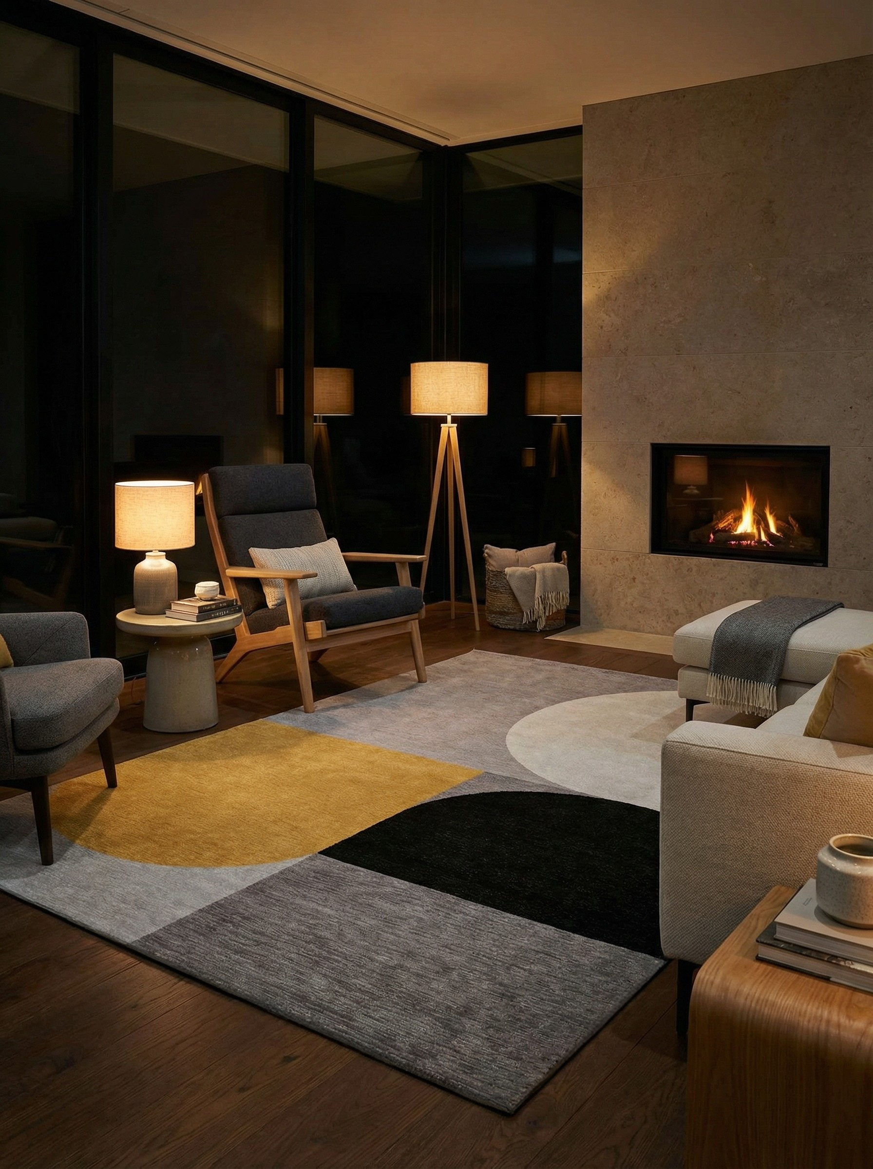 Tapis rectangulaire aux couleurs gris, jaune et noir, dans une pièce à l'ambiance tamisée et à l'éclairage doux