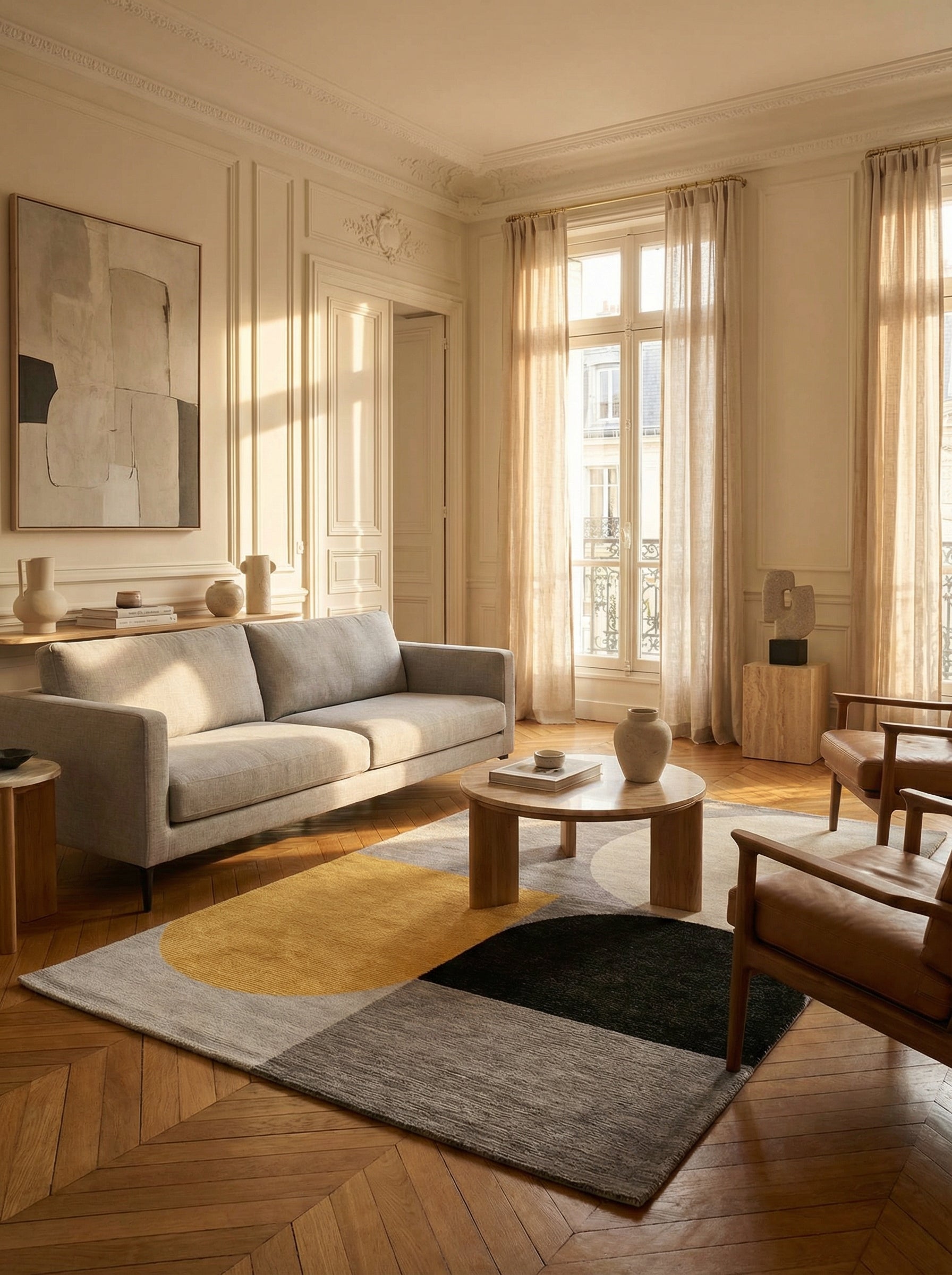Tapis rectangulaire gris et jaune, ambiance soirée élégante et conviviale, dans un salon