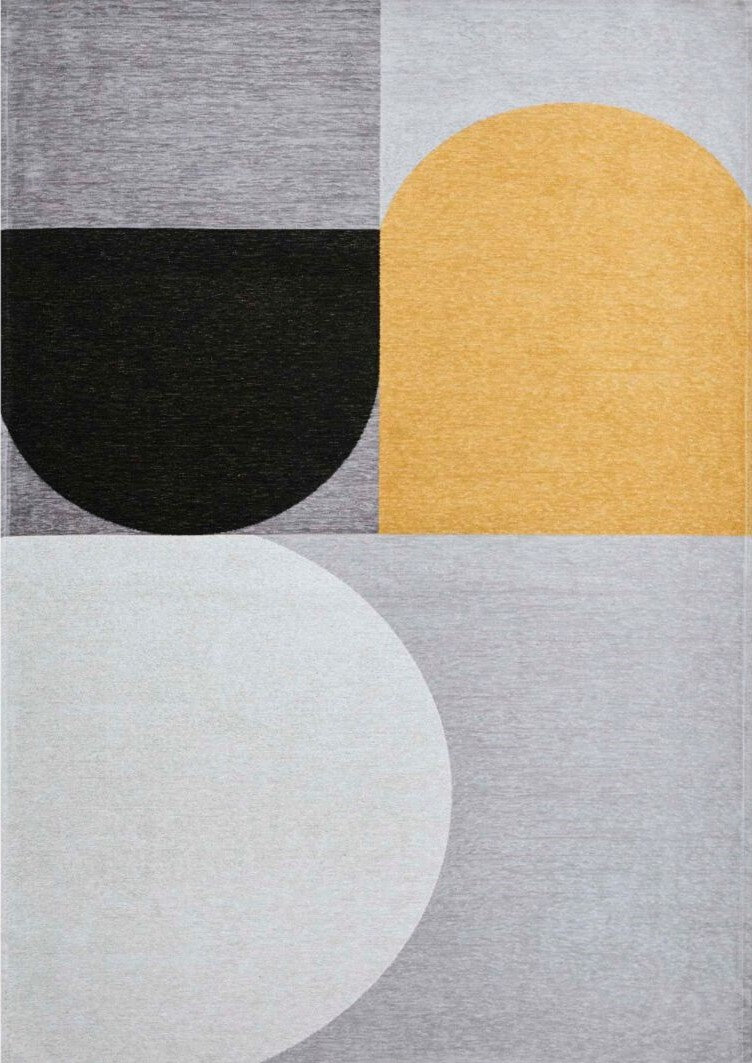 Tapis rectangulaire avec motif géométrique abstrait. Couleurs principales: gris, noir, jaune et blanc
