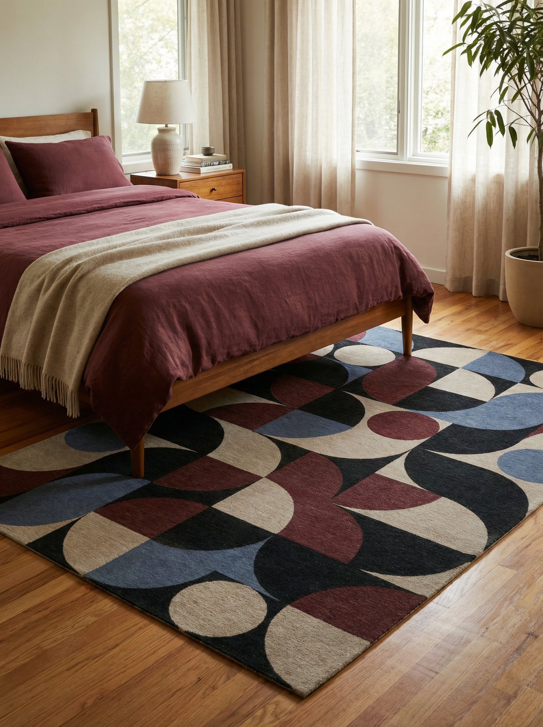 Tapis rectangulaire aux couleurs ambre, bleu et noir. Il apporte douceur et confort dans cette chambre à l'ambiance reposante